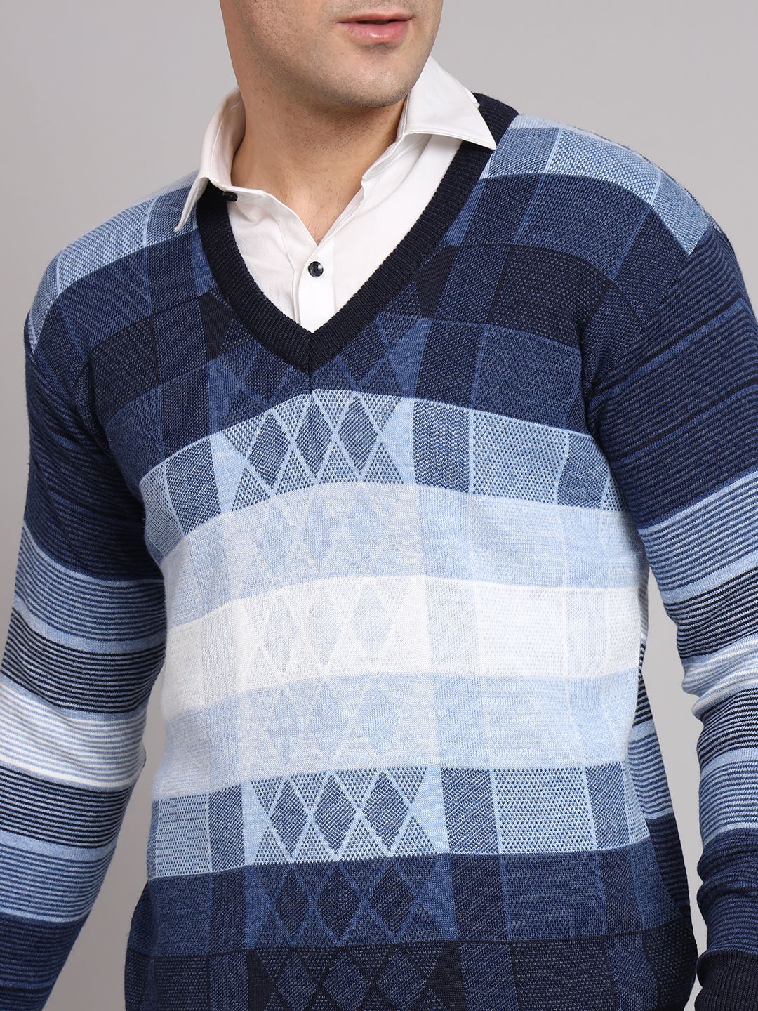 Men Striped V Neck Blue Sweater-image-11