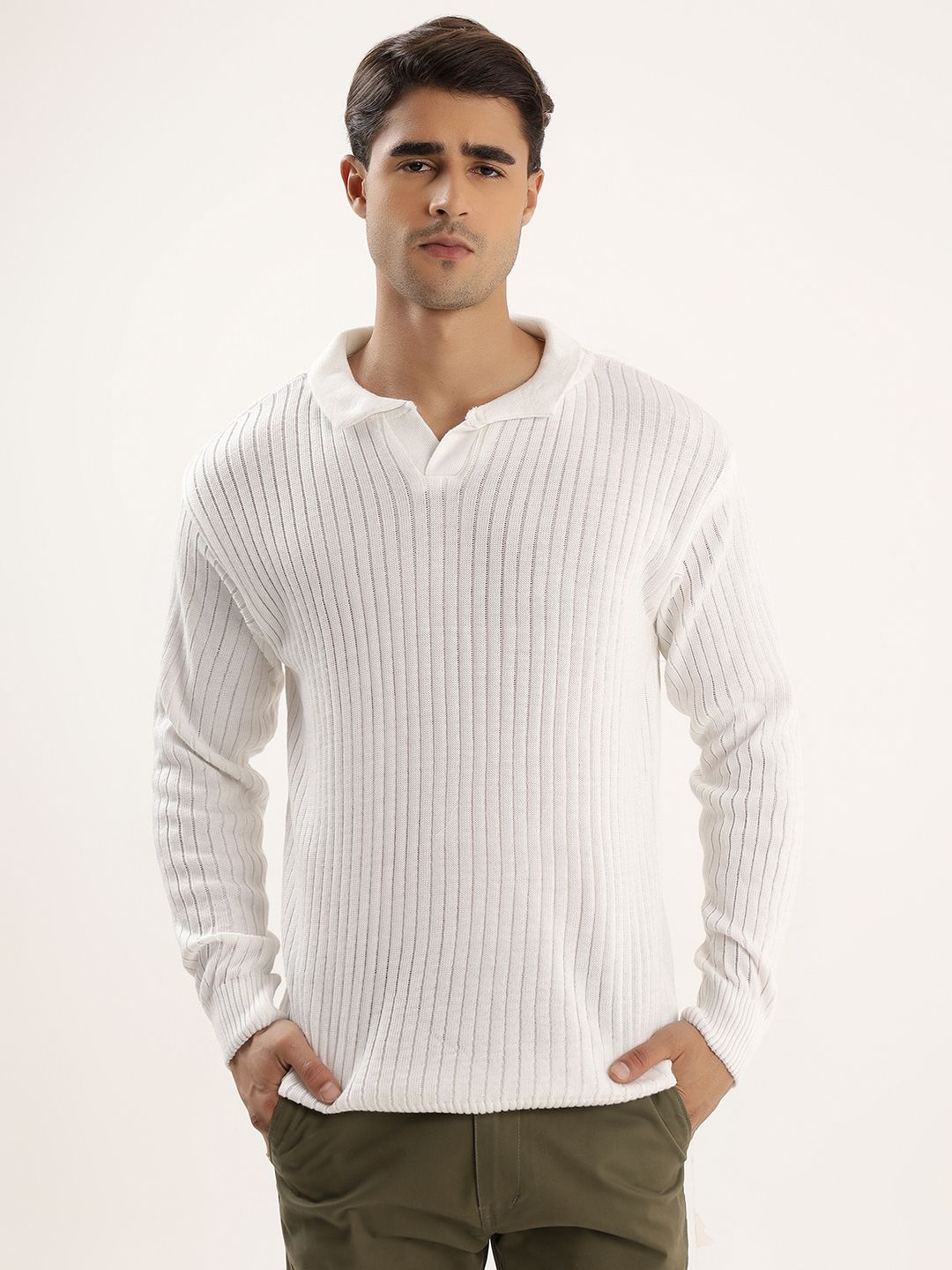 kveto Men Self Design Collared Neck White Sweater-picture-17