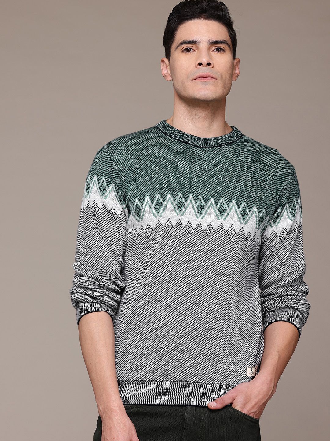 roadster Men Self Design Round Neck Green, Grey Sweater-picture-22