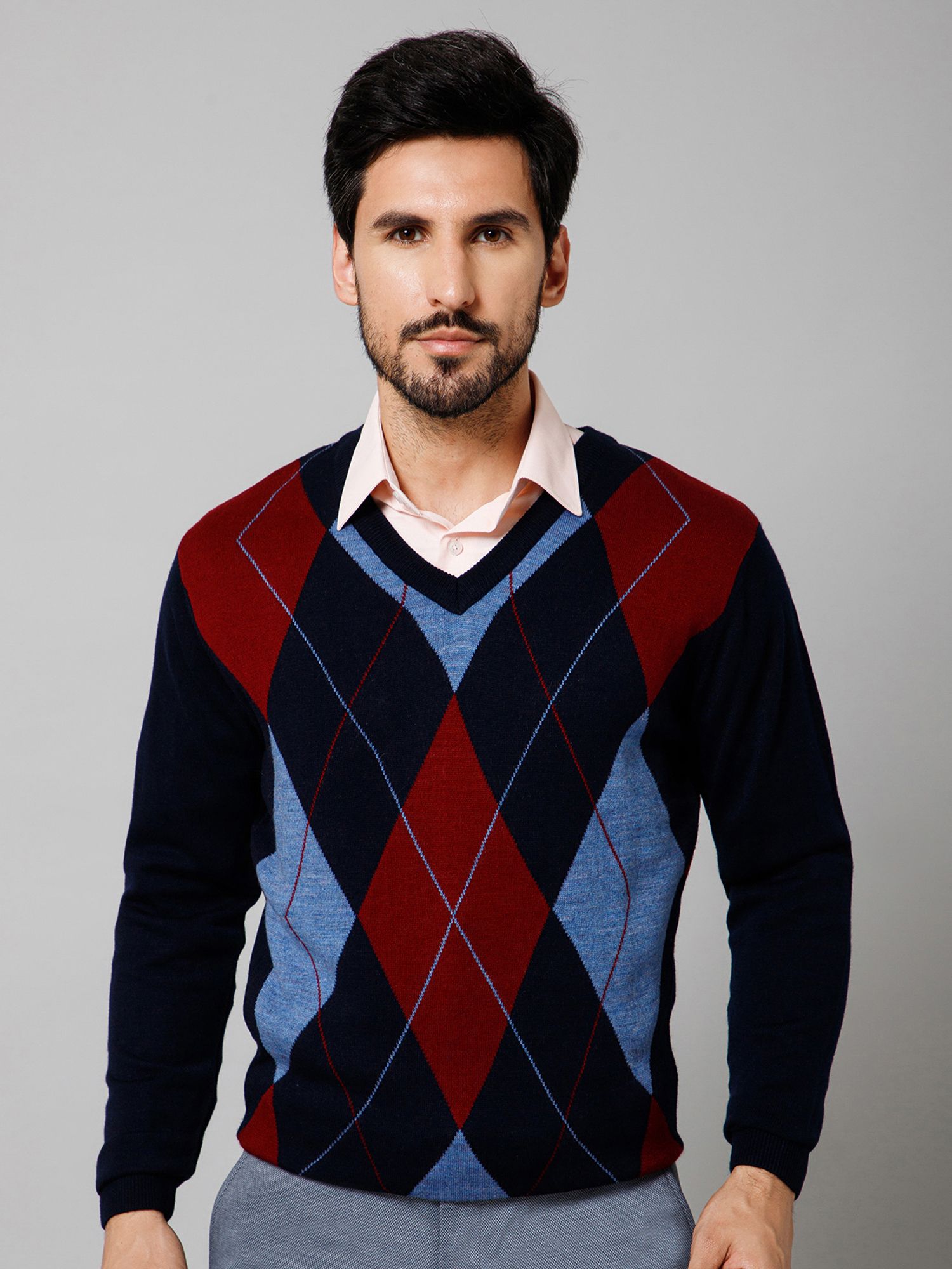 Men Colorblock V Neck Light Blue Sweater-image-29
