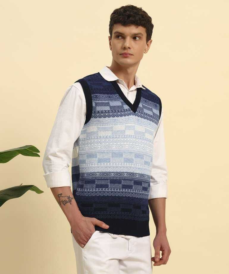 muskan knitwear Men Self Design V Neck Blue Sweater-picture-20