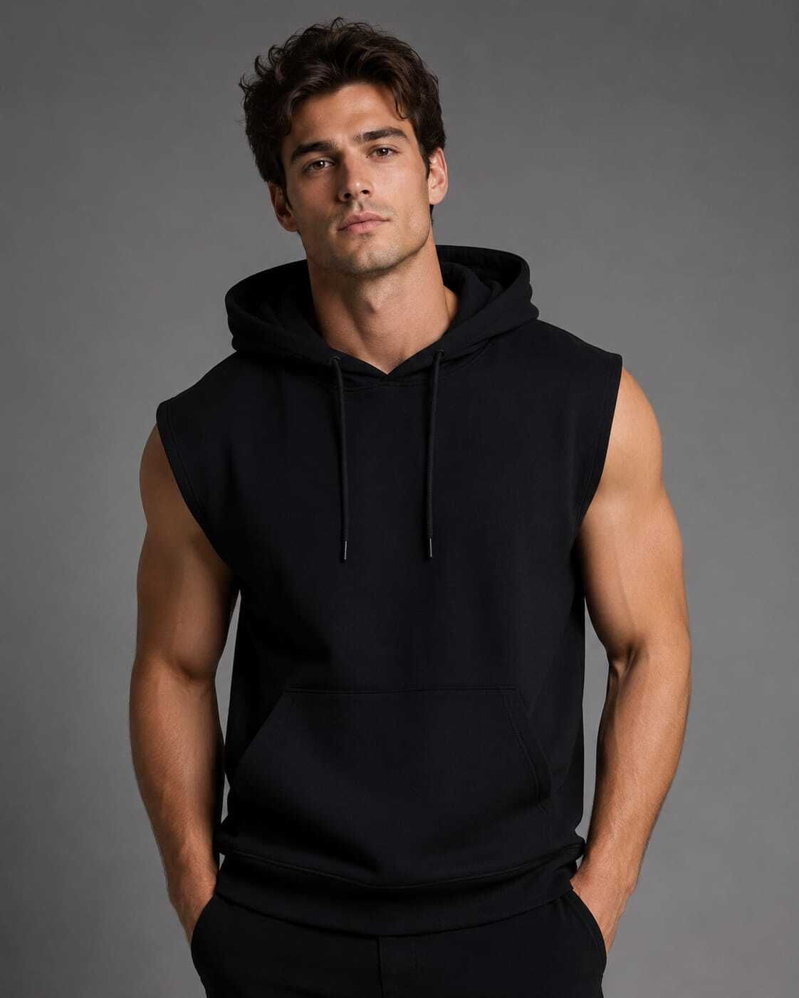 mosajc Men Sleeveless Solid Hooded Sweatshirt-picture-27