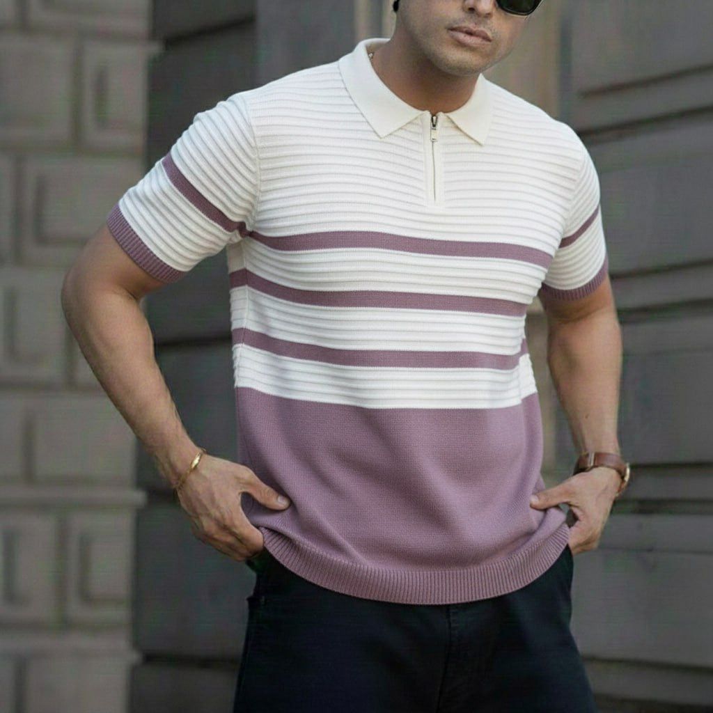 Men Striped, Colorblock Collared Neck Pink Sweater-image-27
