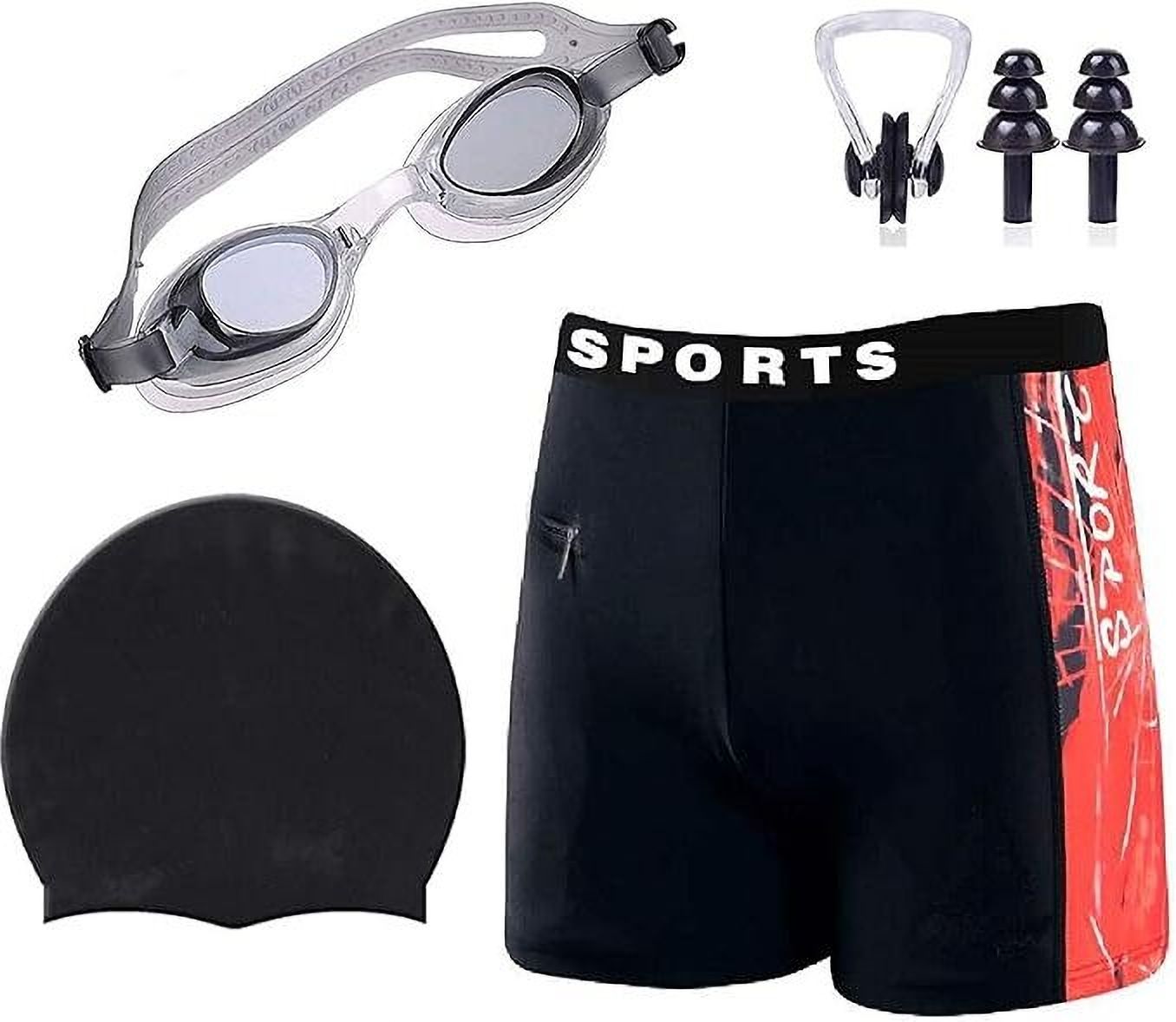 lebami Men Swimming Costume | Shorts | Trunk, 1 Goggles, 1 Cap, 1 Nose Clip & 2 Earplug Printed Men Trunk Red, Black Swimsuit-picture-15