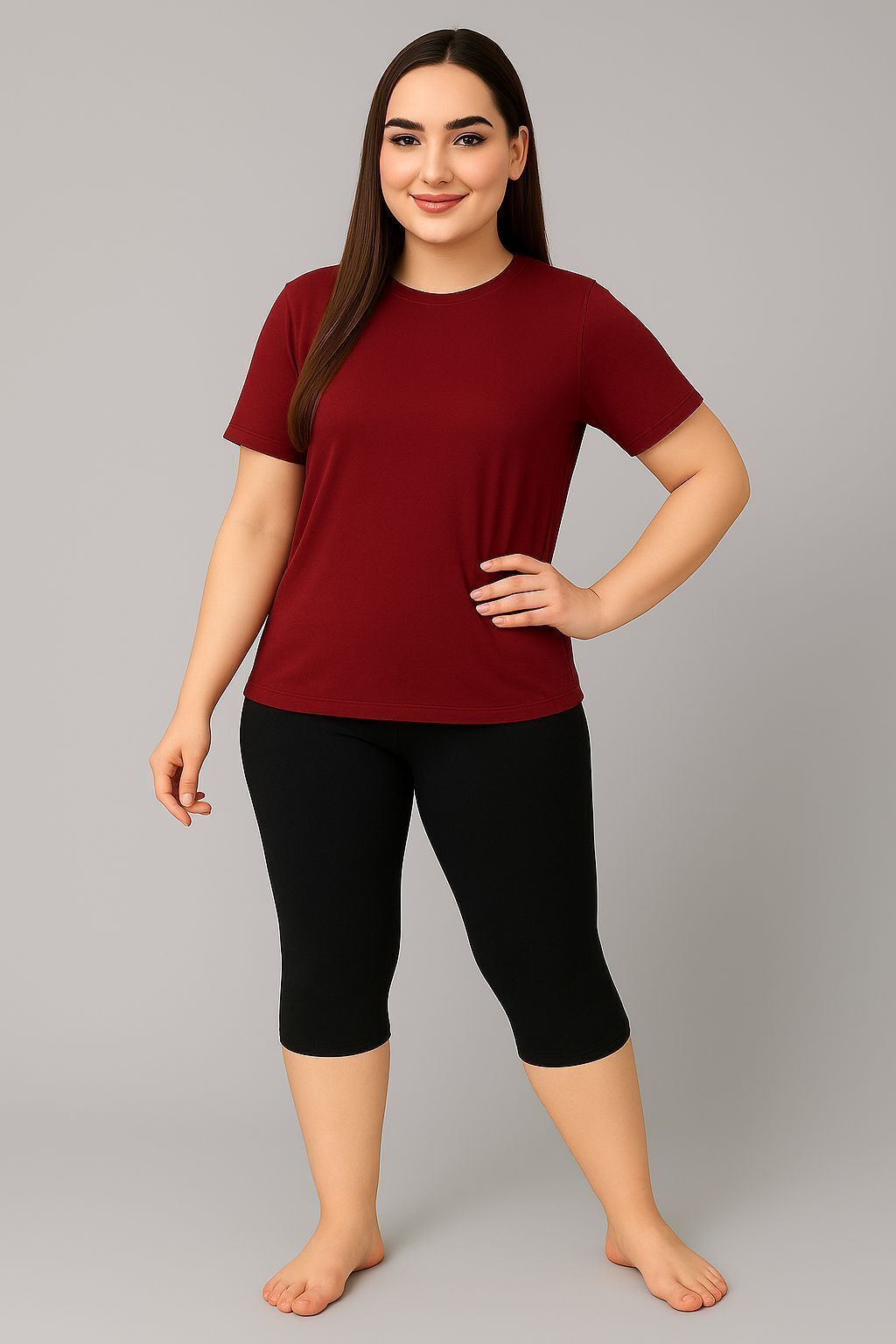 Women's Solid Swim Dress Set (T-shirt & Capri Bottoms) Solid Women Swim-dress Maroon, Black Swimsuit-image-35