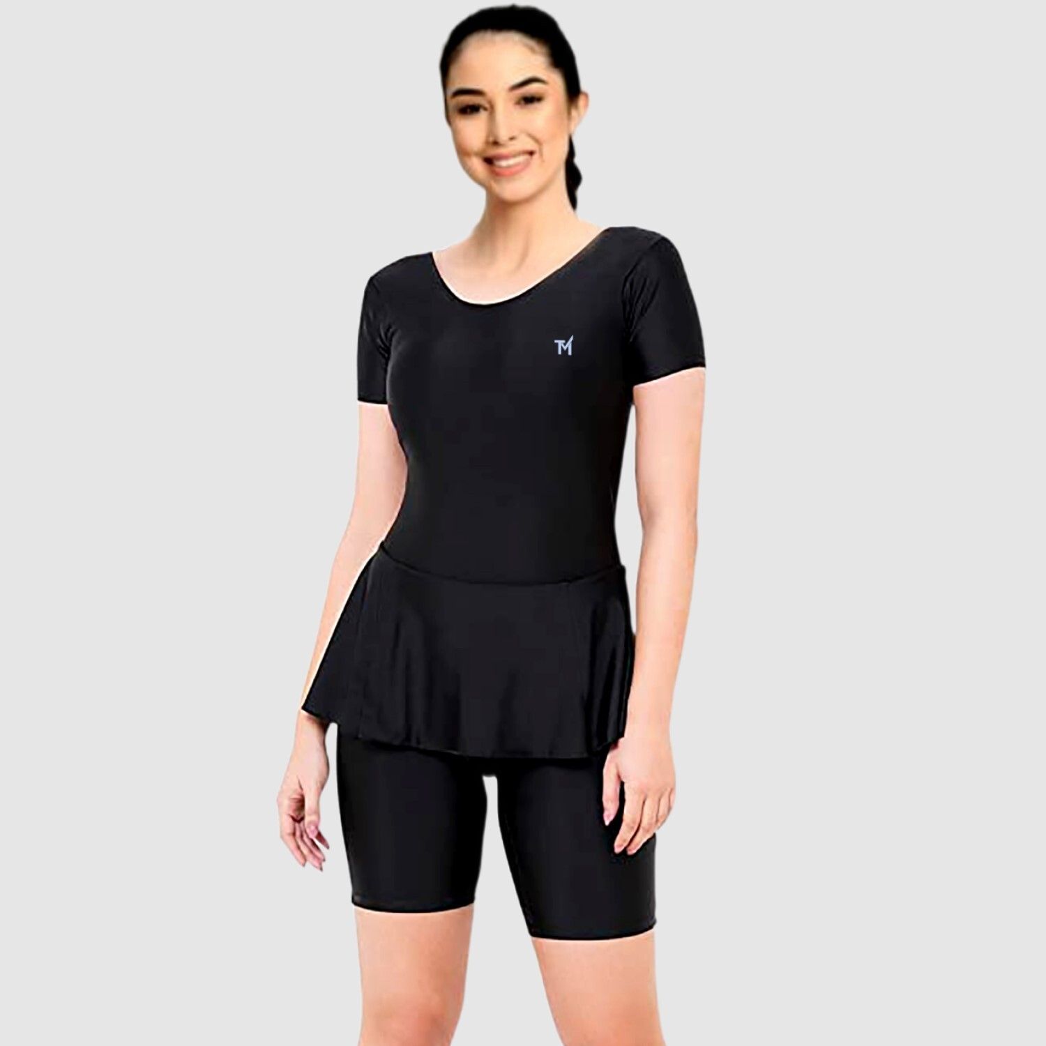 One-Piece Non Paded Freely Women's Swimming Costume In Frock Style, Black Color Solid Women Swim-dress Black Swimsuit-image-2