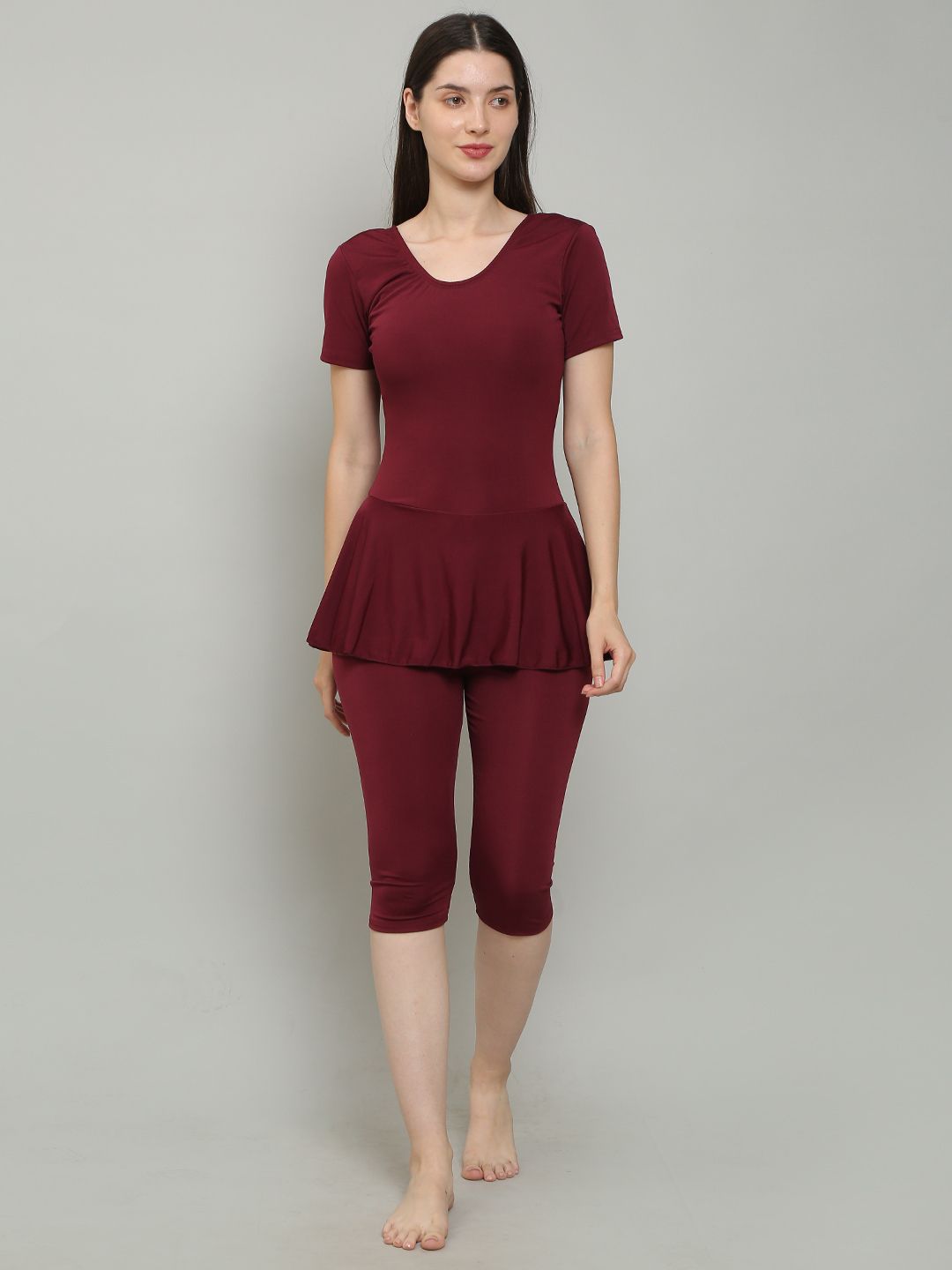 Knee Length Removable Chest Pads One Piece Frock Style Solid Women Swim-dress Purple Swimsuit-image-3