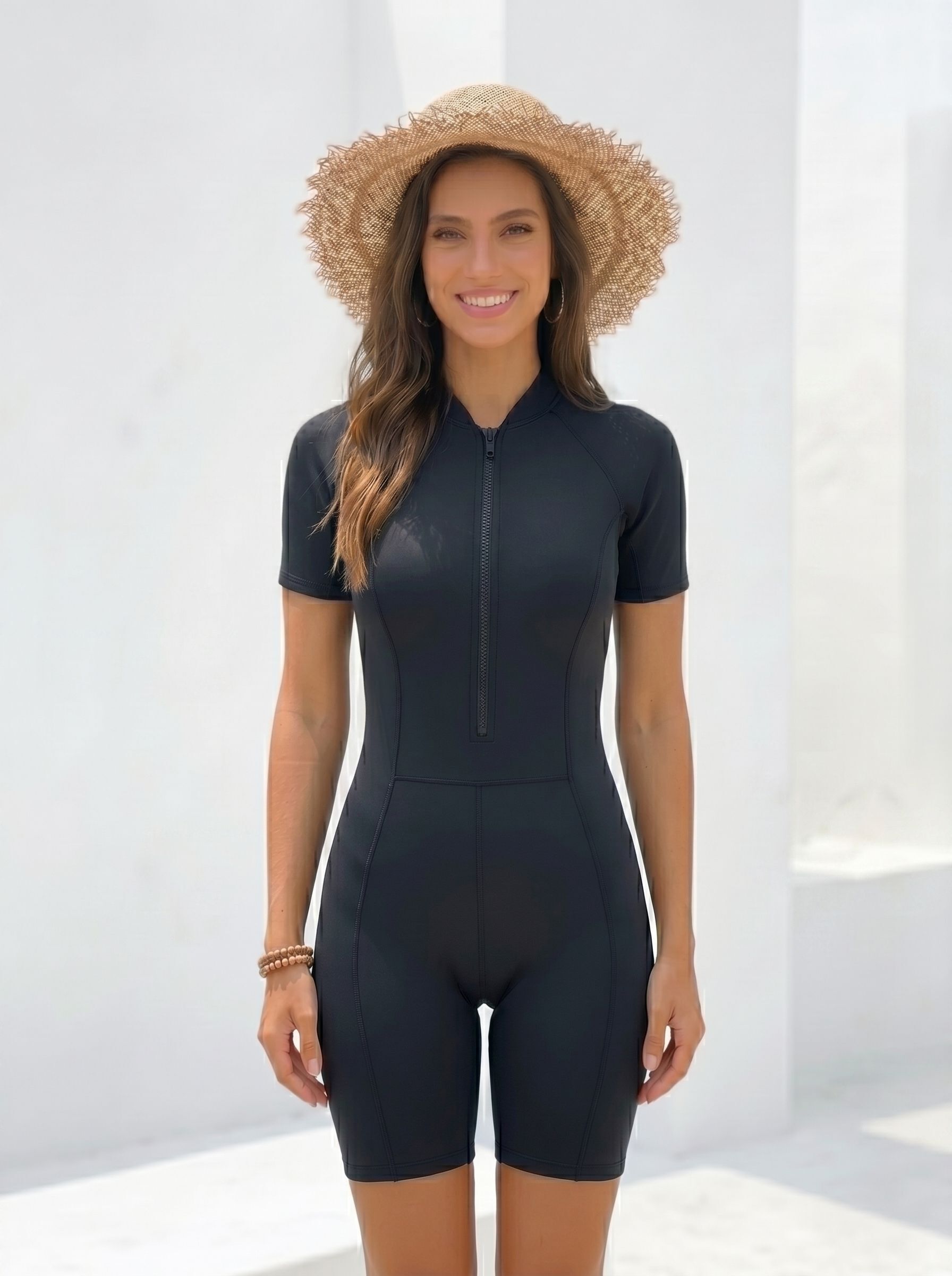 Swimsuit for Women Black One Piece Front Zip Swimwear for Beach Pool Solid Women Swim-dress Black Swimsuit-image-44