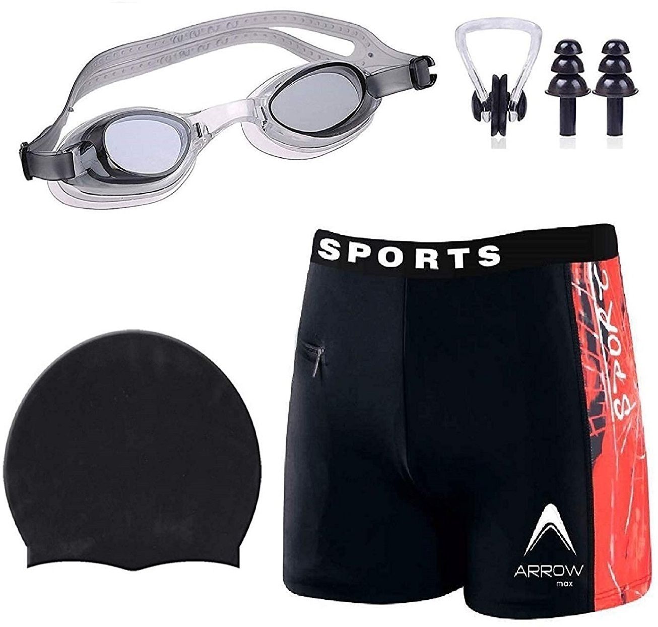 swimming costume men | Shorts | Trunk, 1 Goggles, 1 Cap, 2 Earplug & 1 Nose Clip Printed Men Swim-dress Black Swimsuit