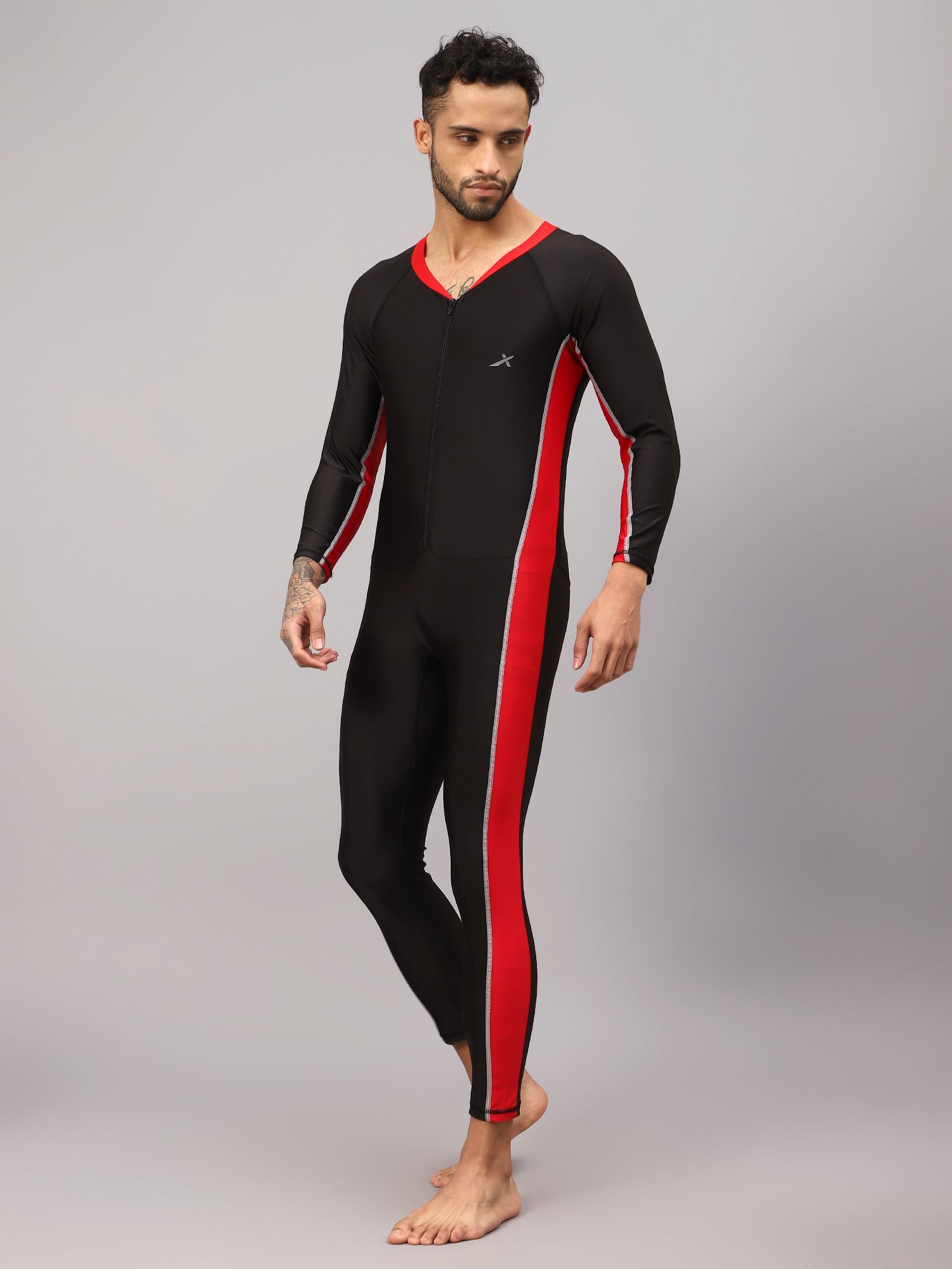 Full leg Length Costume For Multipurpose Wear for DivingI CyclingI Aerobics Self Design Men Swim-dress Black Swimsuit-image-6