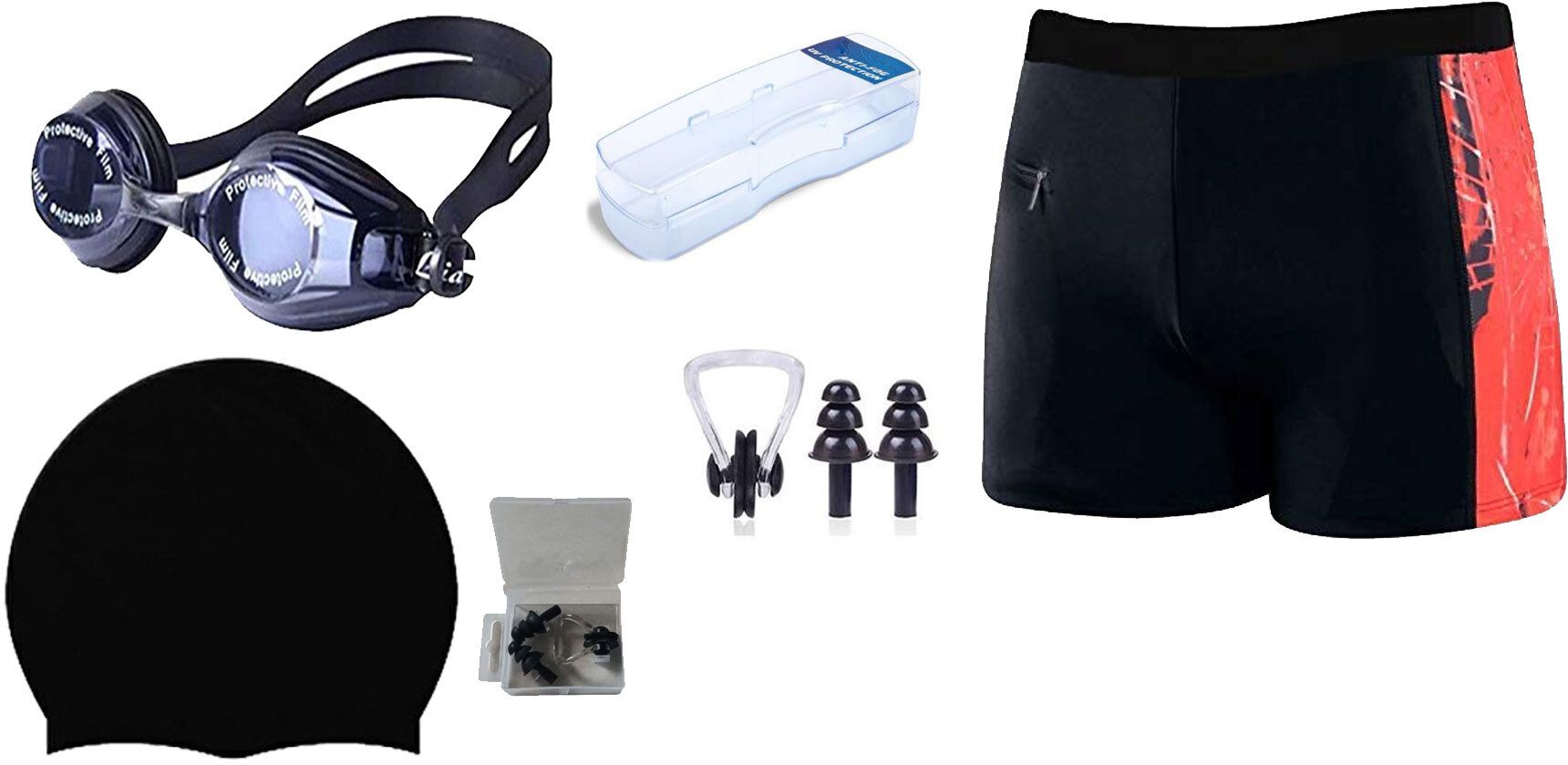 Men Swimming Costume | Shorts | Trunk, 1 Goggles, 1 Cap, 2 Earplug & 1 Nose Clip Printed Men Swim-dress Black Swimsuit-image-46