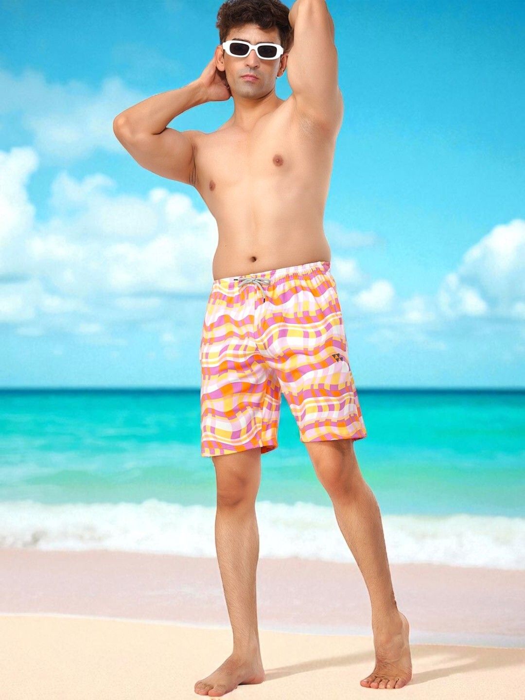 Brauch Men Multicolor Wavy Check Print Swim Shorts with Zip Pocket Printed Men Swim Bottom Multicolor Swimsuit-image-9