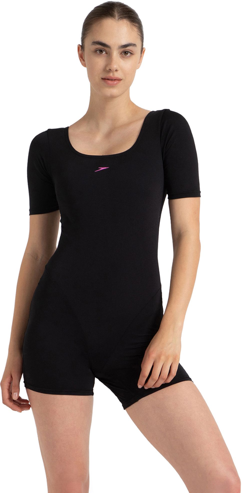 Sleeved Myrtle U-Back Legsuit - Endurance+ Solid Women Black Swimsuit-image-1