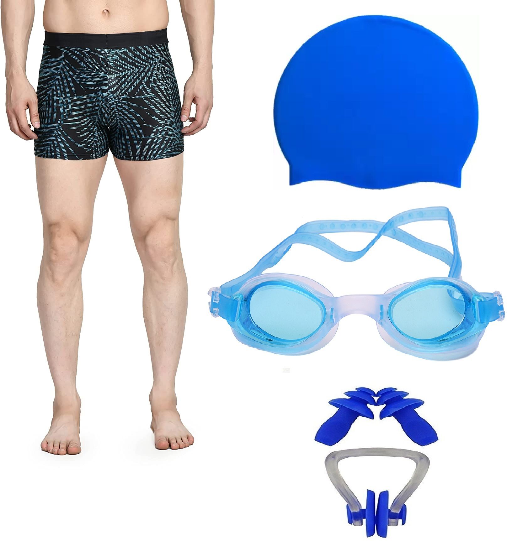 the morning play MEN SWIMMING COSTUME BLUE GOGGLE CAP 2 EARPLUG NOSECLIP Printed Men Trunk Blue Swimsuit-picture-17