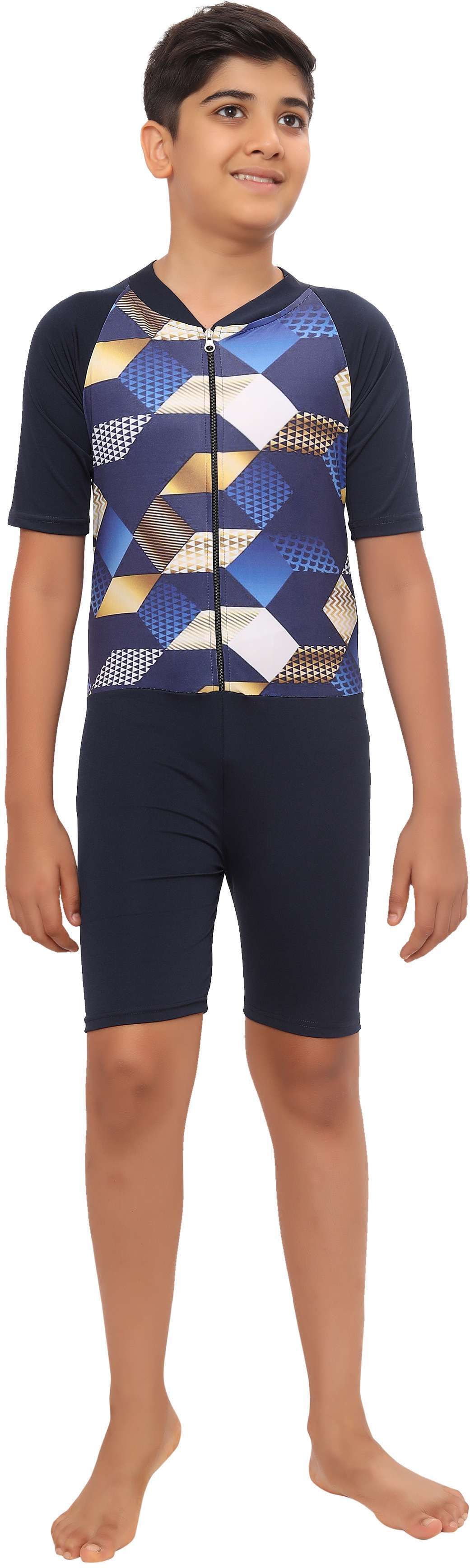 Polyester Lycra Skating Suit - Poly Spandex, 4-Way Stretch, Non-Fadeable Printed Men Swim-dress Blue Swimsuit-image-3