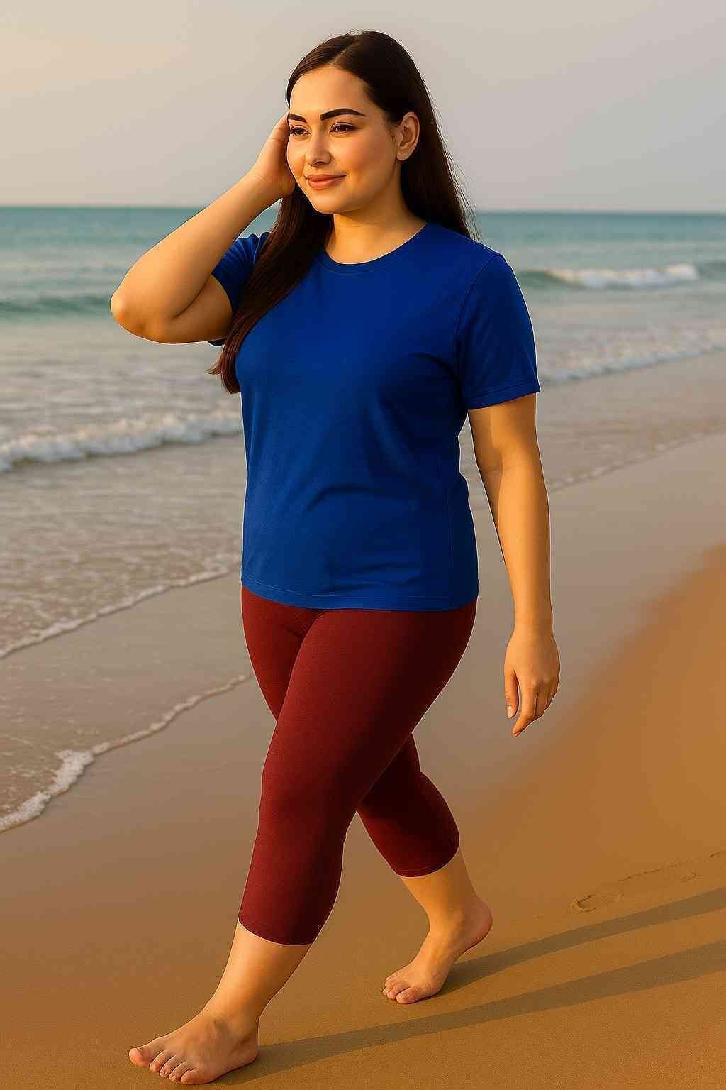 Women's Plus Size Solid Swim Dress Set (T-shirt & Capri Bottoms) Solid Women Swim-dress Blue, Maroon Swimsuit-image-42