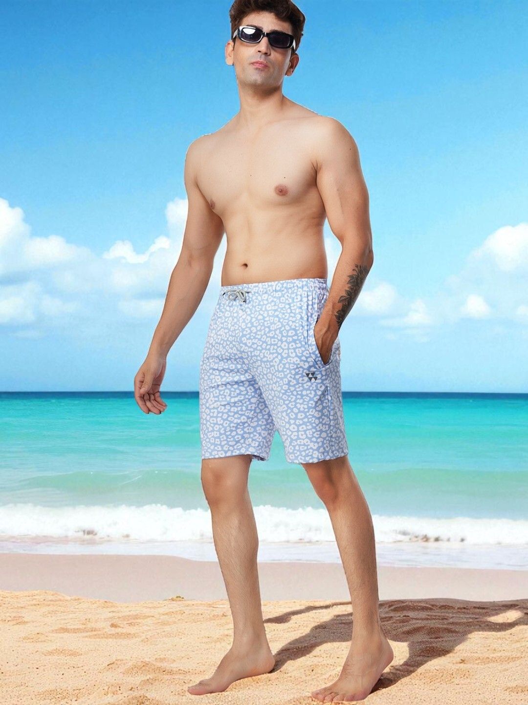 Brauch Men Light Blue Leopard Print Swim Shorts with Zip Pocket Printed Men Swim Bottom Blue Swimsuit-picture-14
