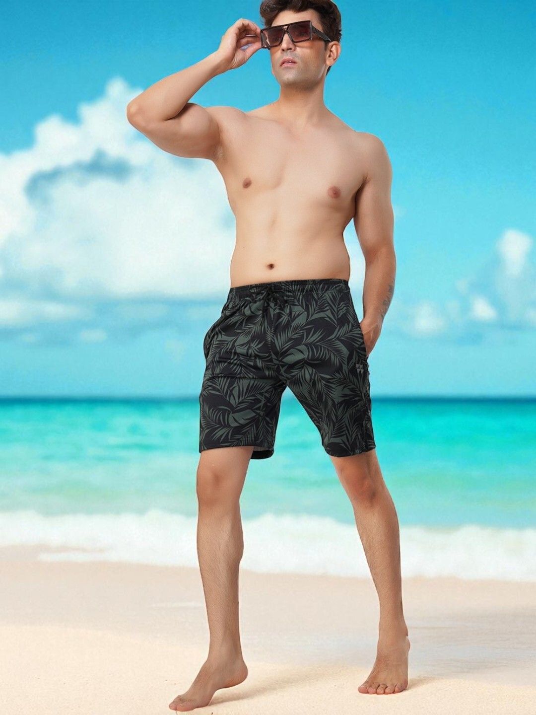 Brauch Men Black & Olive Leaf Print Mid-Rise Swim Shorts Printed Men Swim Bottom Black, Green Swimsuit-image-12