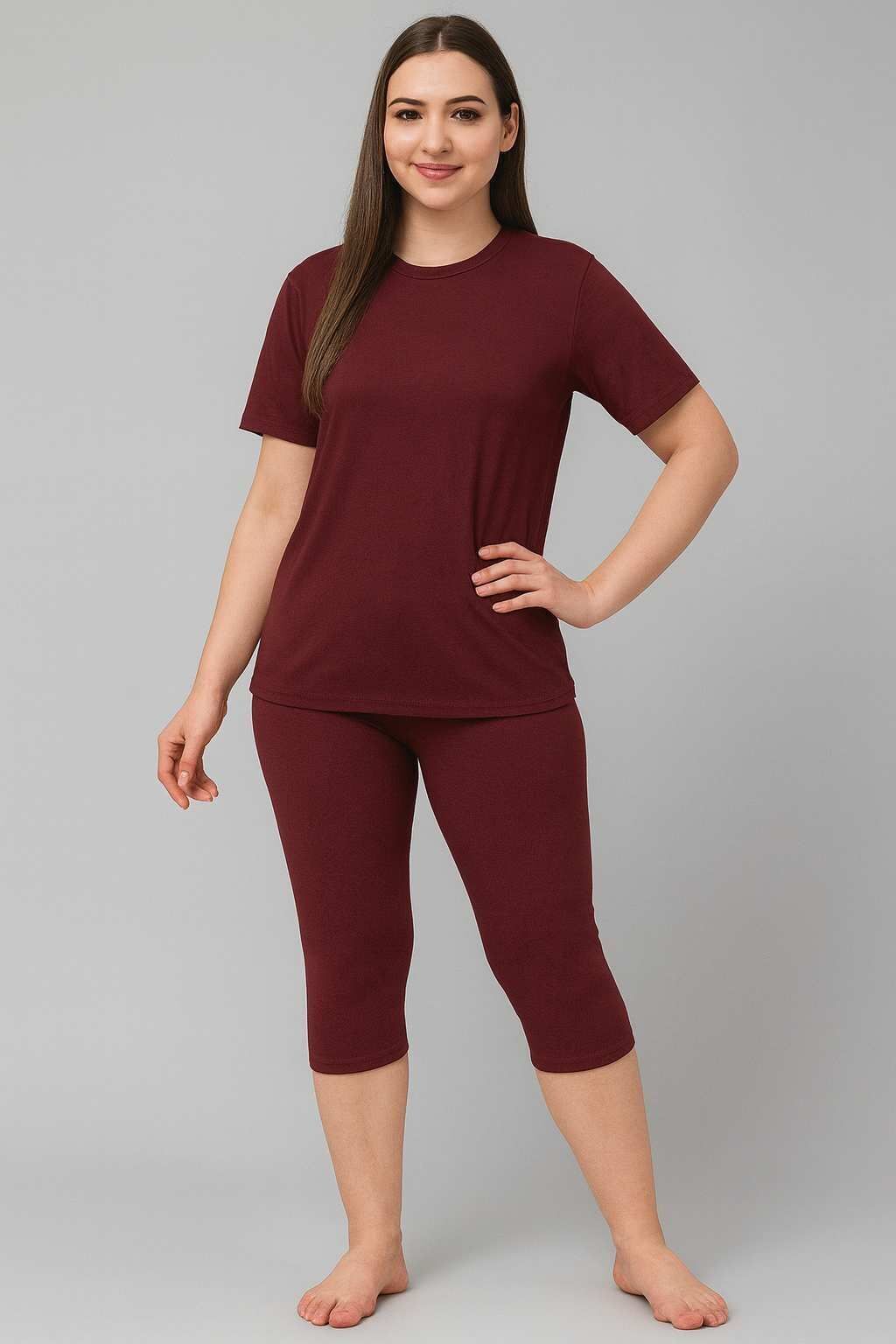 the klowt co Women's Plus Size Solid Swim Dress Set (T-shirt & Capri Bottoms) Solid Women Swim-dress Maroon Swimsuit-picture-14