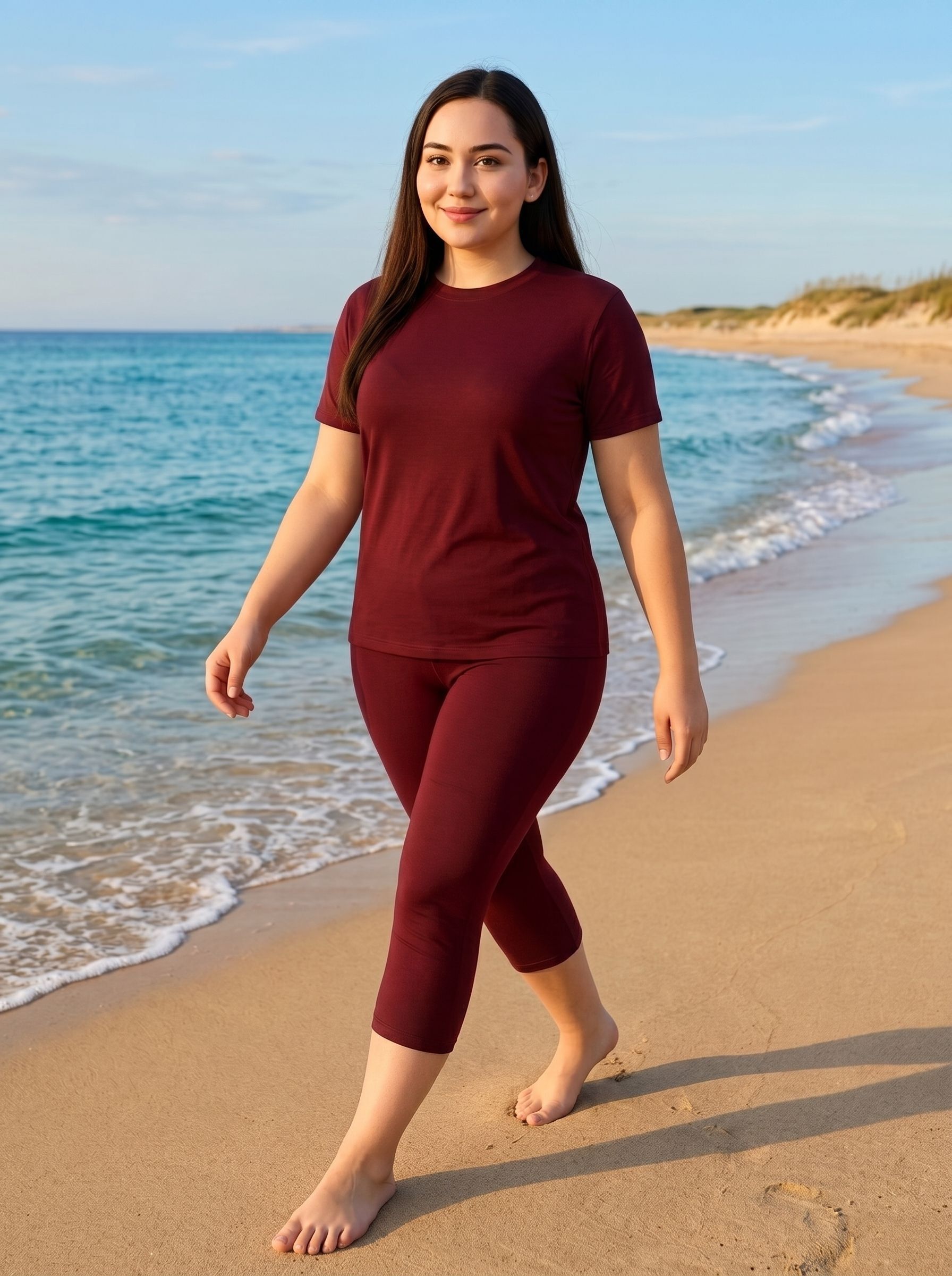 Women's Solid Swim Dress Set (T-shirt & Capri Bottoms) Solid Women Swim-dress Red Swimsuit-image-7