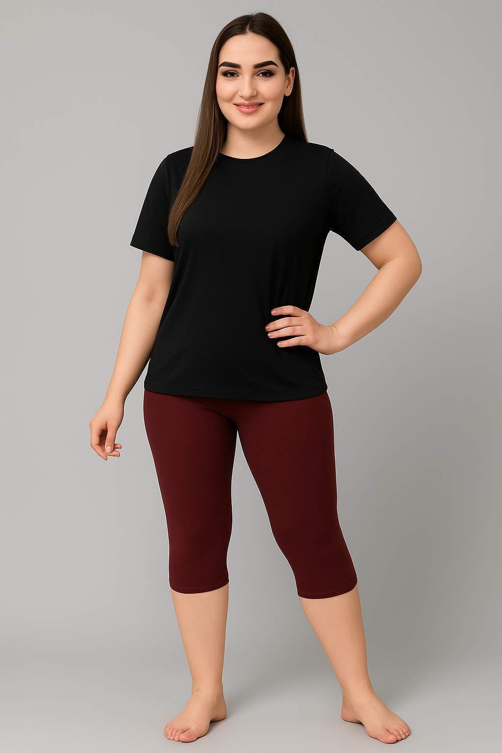 Women's Plus Size Solid Swim Dress Set (T-shirt & Capri Bottoms) Solid Women Swim-dress Black, Maroon Swimsuit-image-1