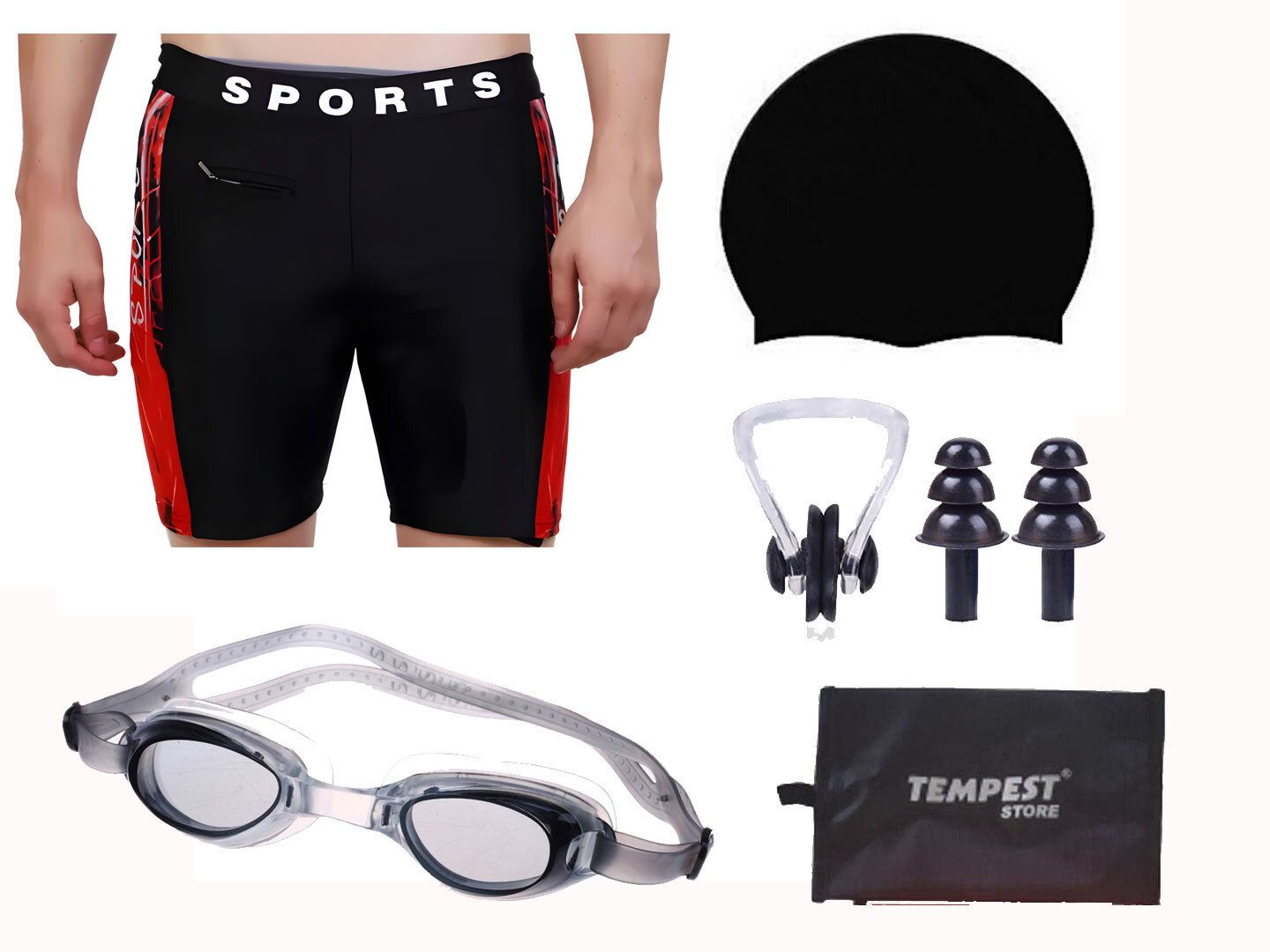 Men Swimming Costume | Shorts | Trunk, 1 Goggles, 1 Cap, 2 Earplug & 1 Nose Clip Solid Men Swim-dress Red, Black Swimsuit-image-2