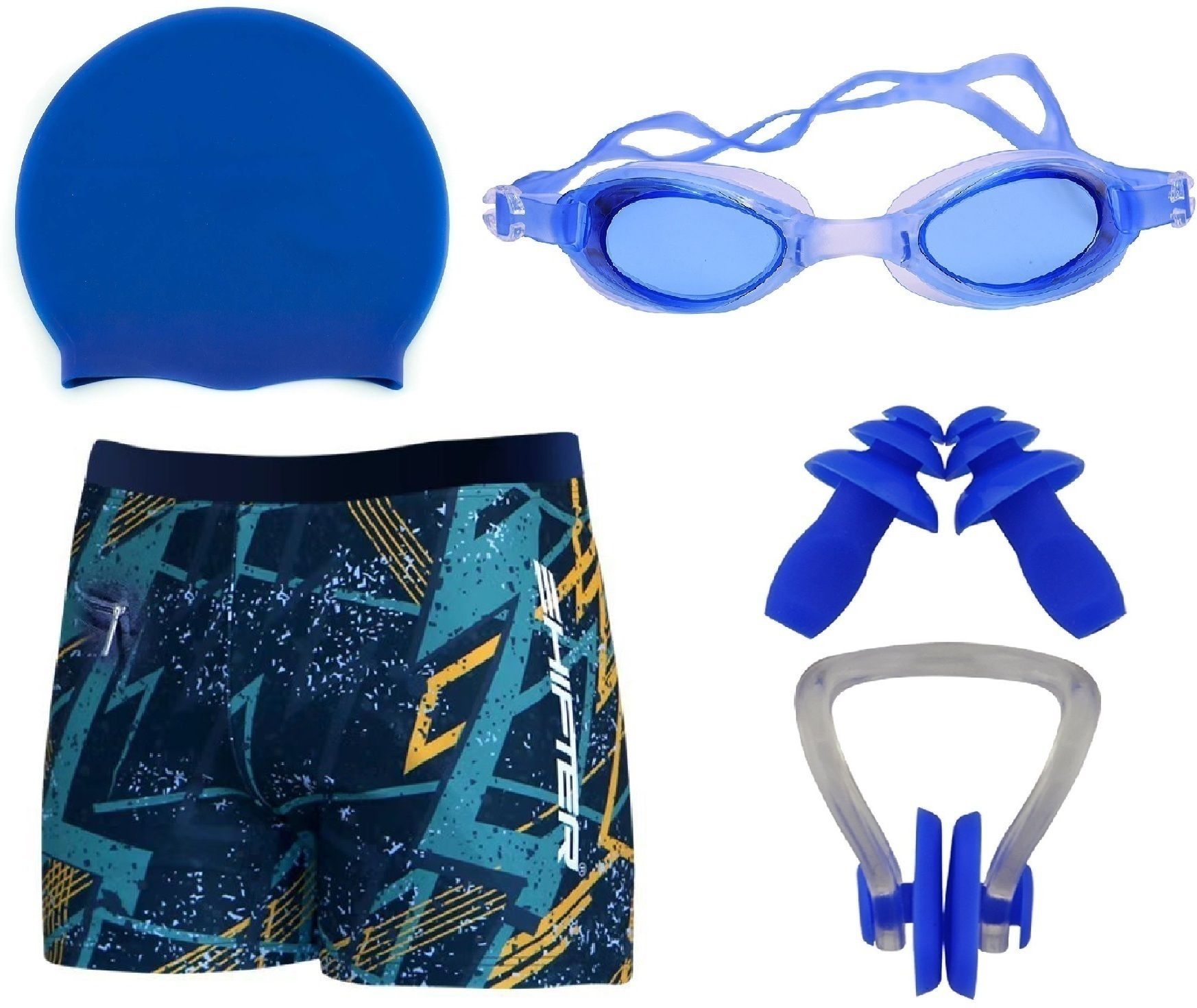 swimming costume men | Shorts | Trunk, 1 Goggles, 1 Cap, 2 Earplug & 1 Nose Clip Printed Men Swim-dress Blue Swimsuit