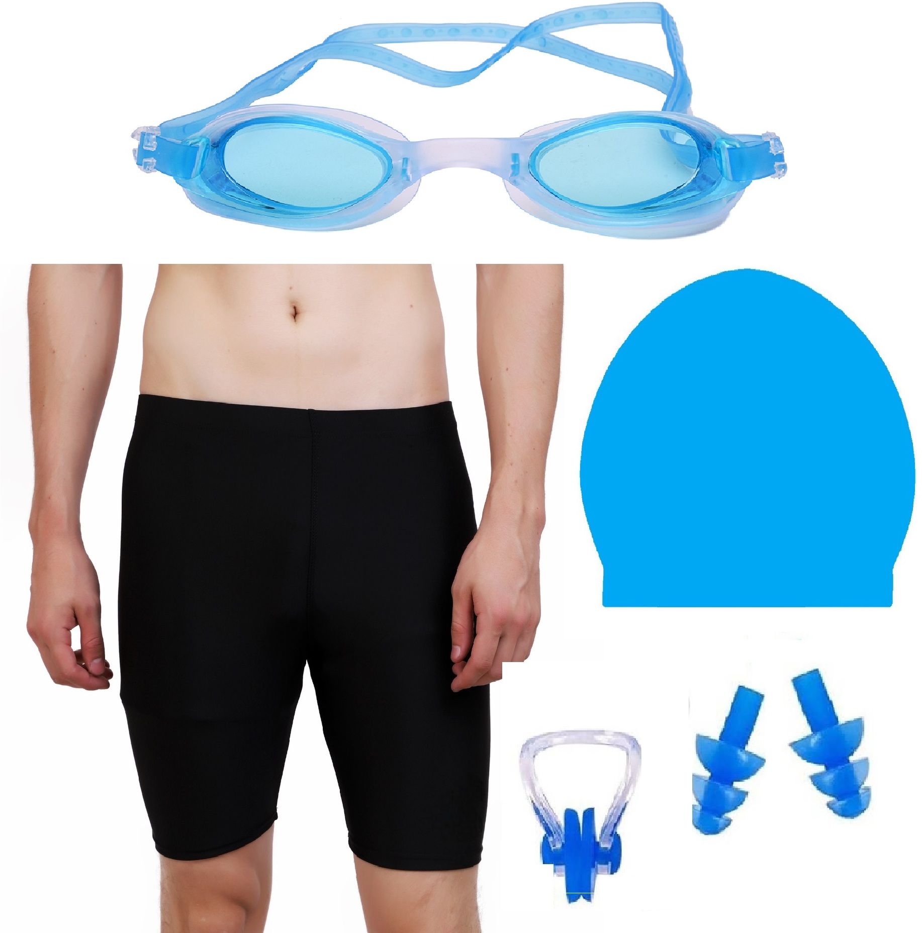 the morning play MEN SWIMMING COSTUME GOGGLE CAP BLUE 2 EARPLUG NOSECLIP Printed Men Trunk Blue Swimsuit-picture-47