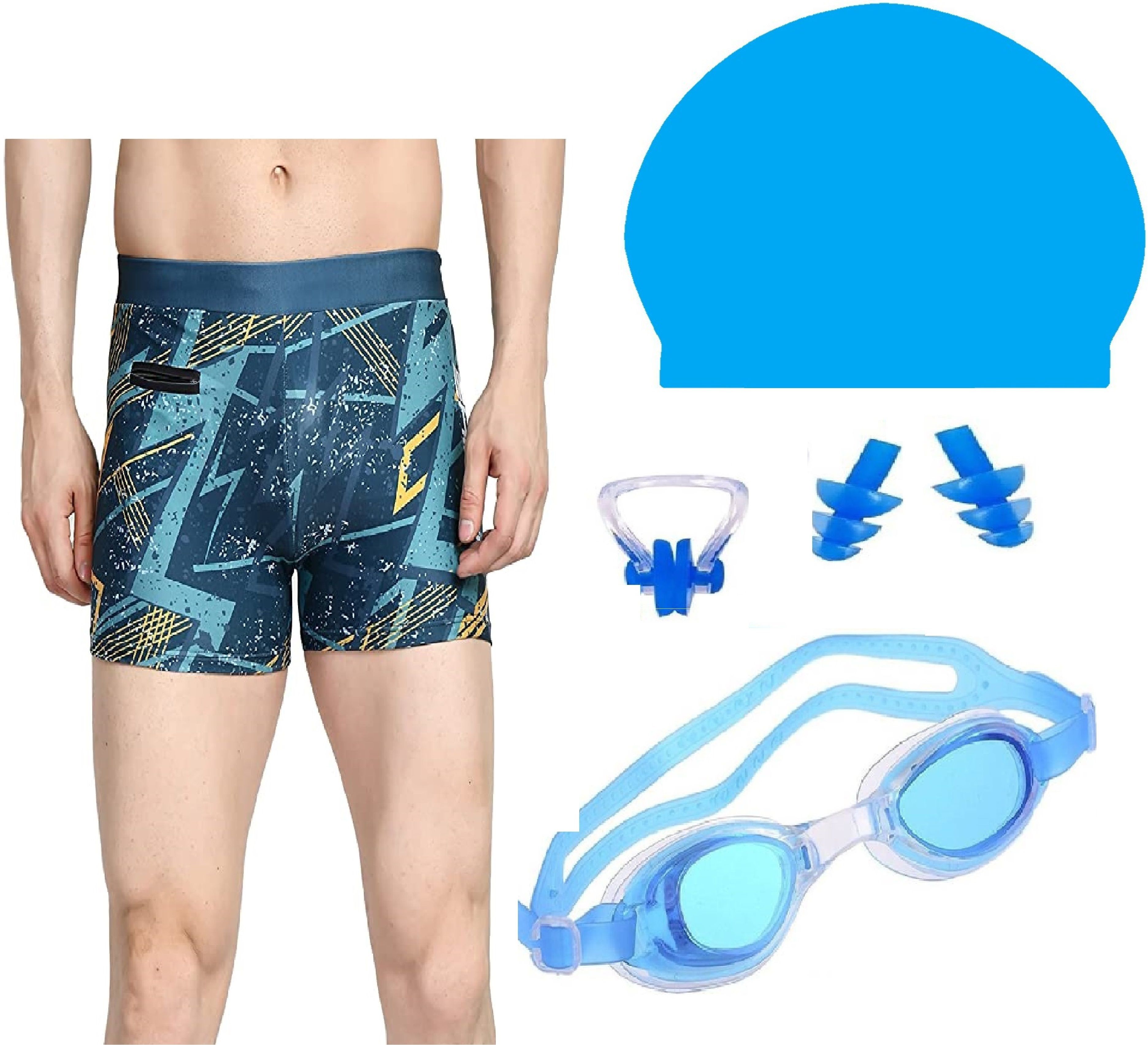 the morning play MEN SWIMMING COSTUME BLUE GOGGLE CAP 2 EARPLUG NOSECLIP Printed Men Trunk Blue Swimsuit-picture-41