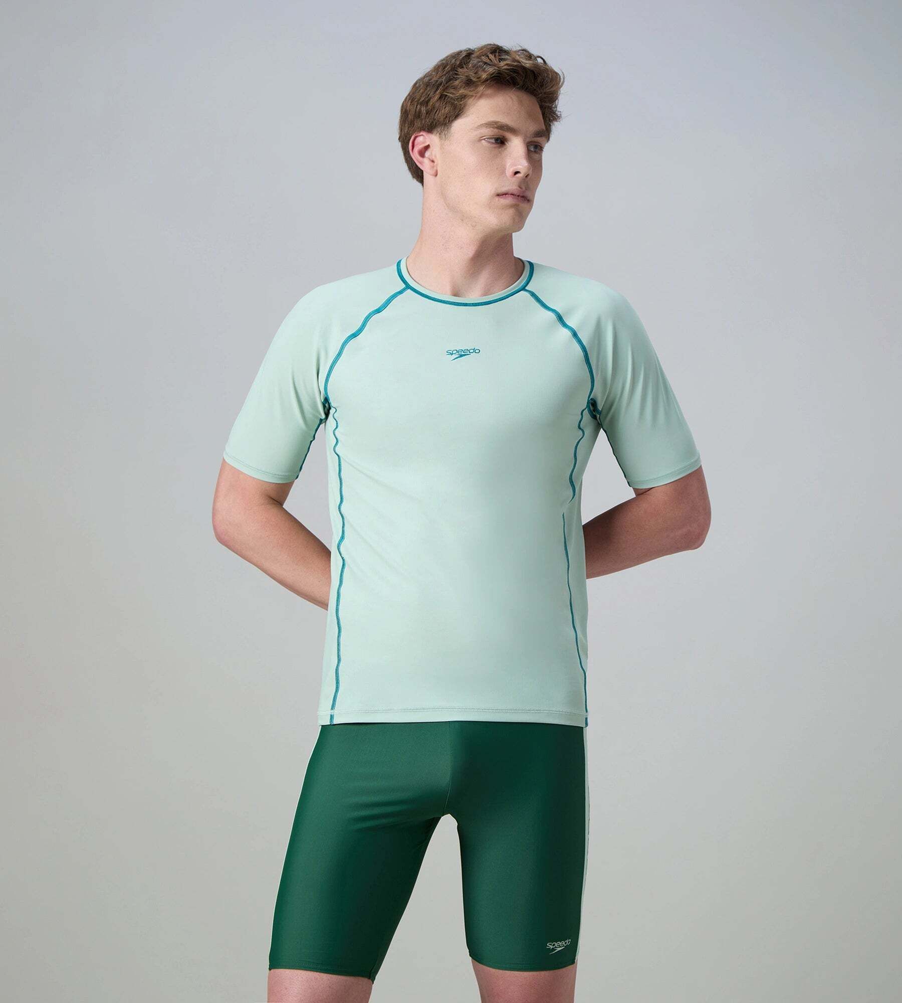 speedo Endurabrite Short Sleeve Suntop Solid Men Green Swimsuit-picture-37