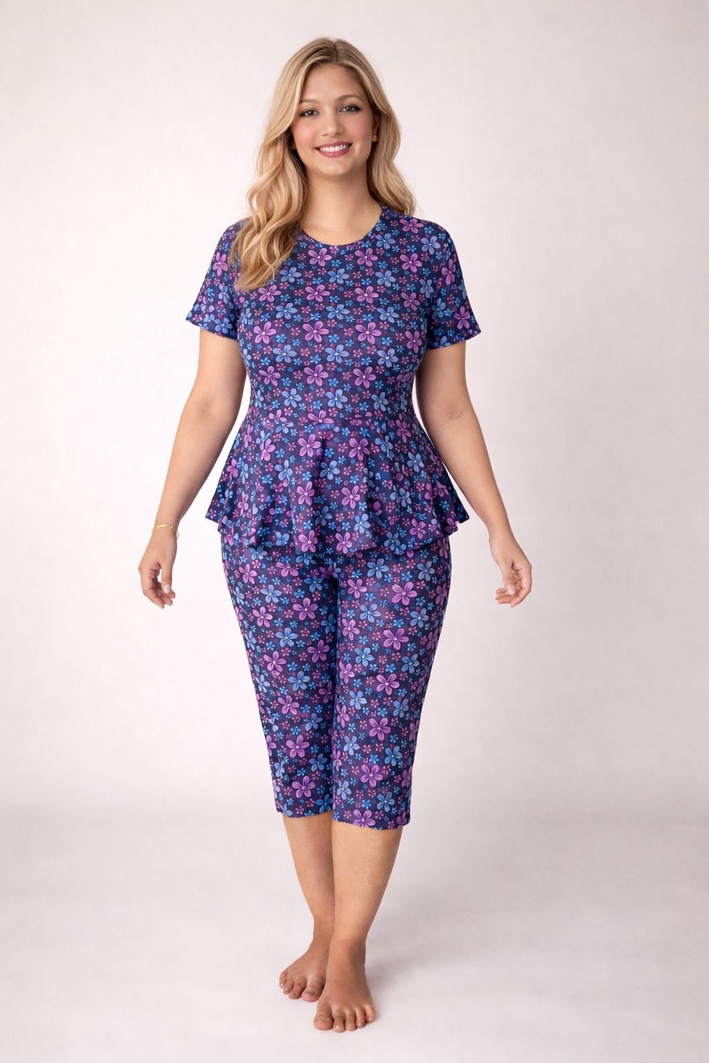 7000 Floral Print Women Swim-dress Blue Swimsuit