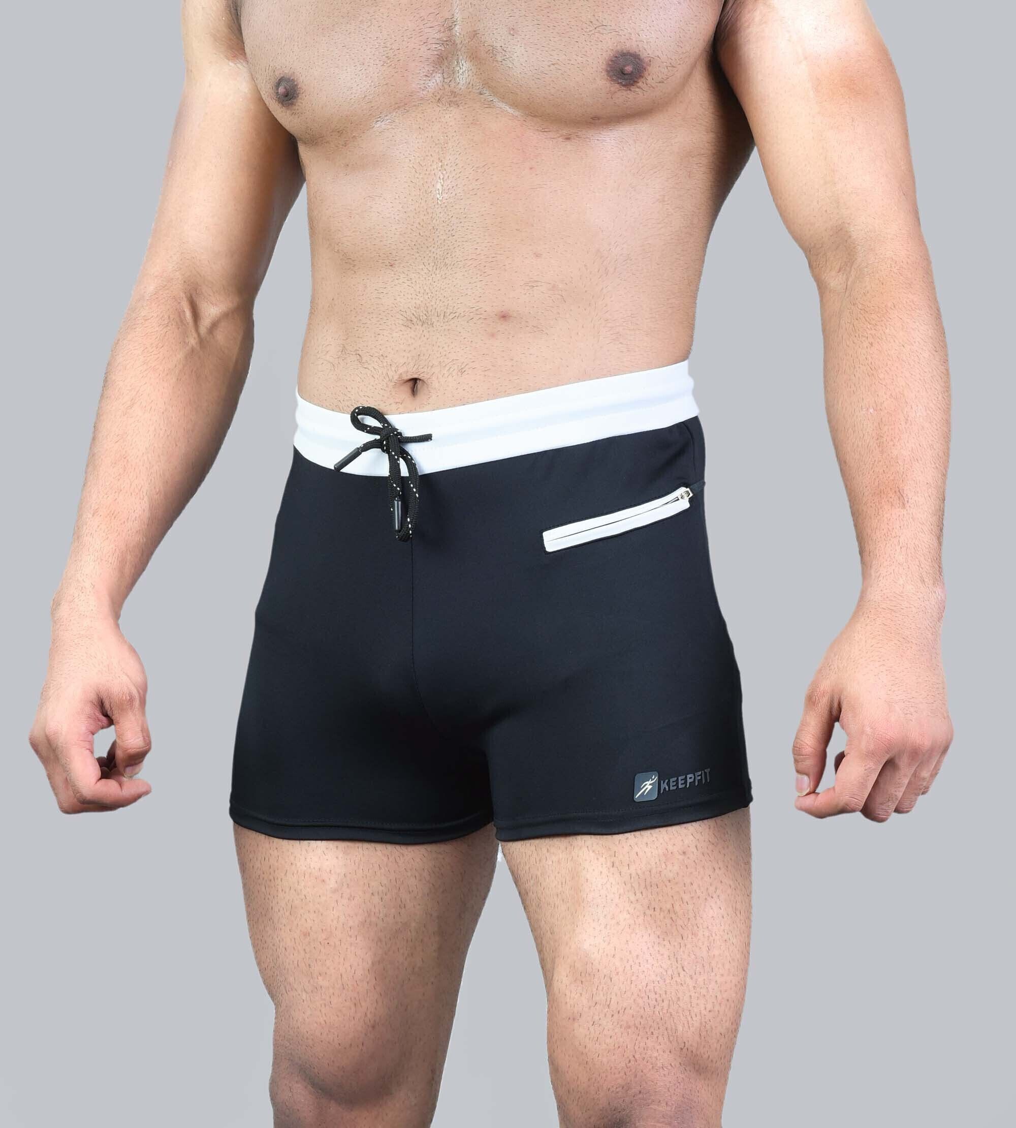 men's black swimming trunks with contrast white waistband Solid Men Swim Bottom Black Swimsuit-image-40