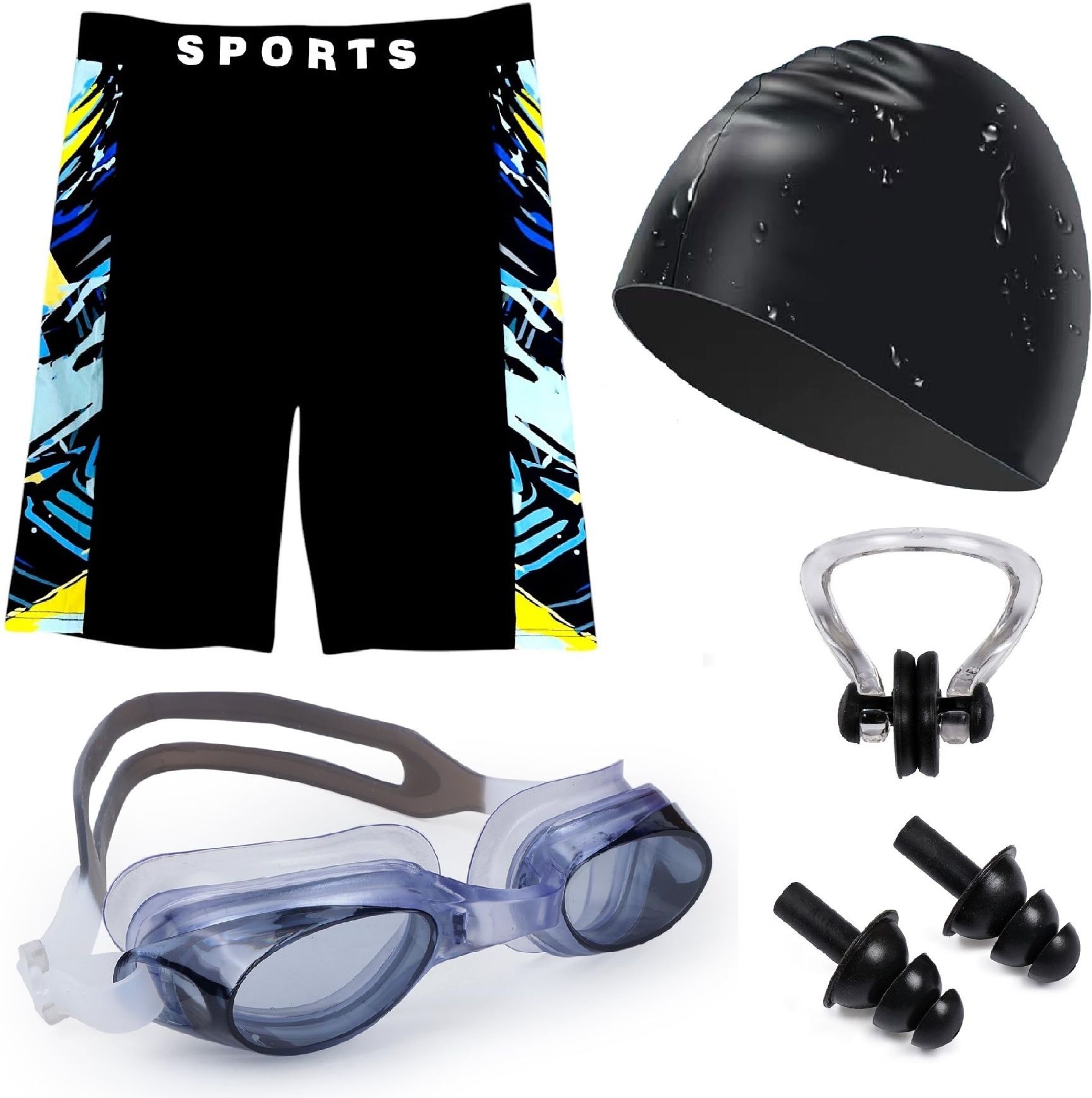 Morex Mens Swimming Set, Swimsuit Jammer Short with Swimming Goggles and Cap Set Printed Men Swim Bottom Black Swimsuit-image-1