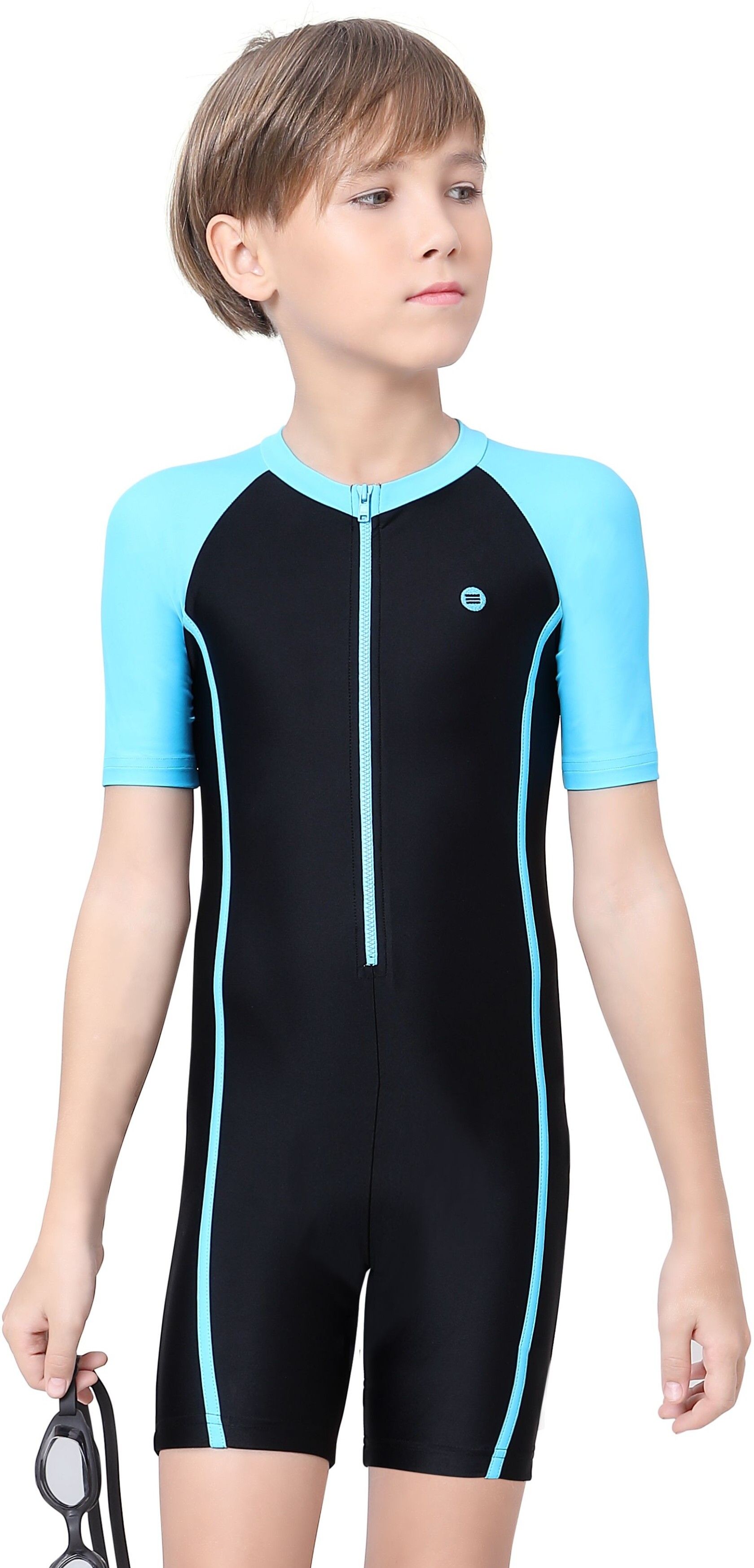 lactra Colour Panel Front Zip Swimsuit with Contrast Sleeves Solid Men Swim-dress Black Swimsuit-picture-16