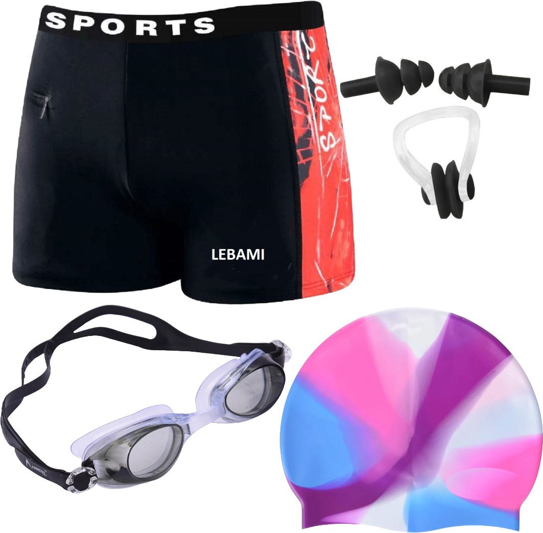 lebami swimming costume men | Shorts | Trunk, 1 Goggles, 1 Cap, 2 Earplug & 1 Nose Clip Printed Men Swim-dress Multicolor Swimsuit-picture-37