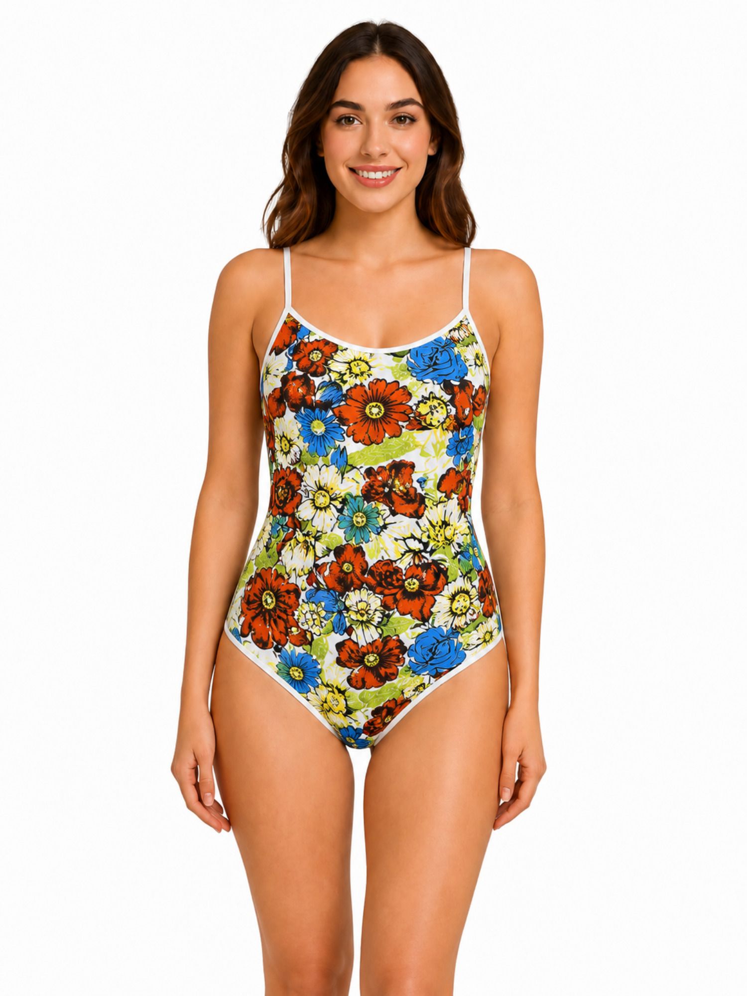 Floral Print Women Blue, Orange Swimsuit-image-5