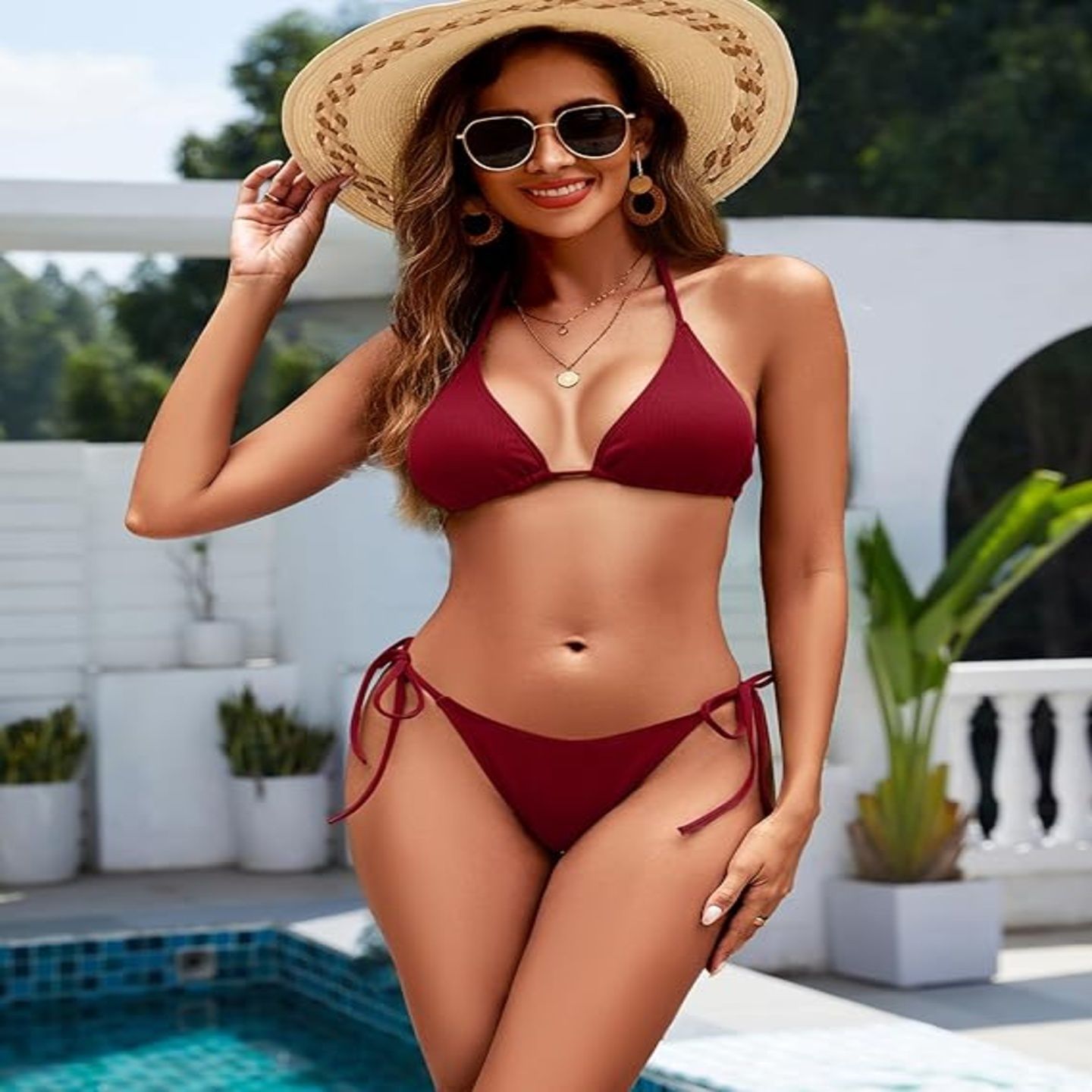 Solid Women Bikini Maroon Swimsuit-image-49
