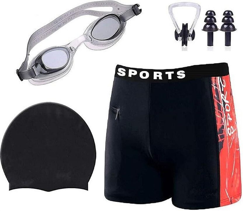 lebami Men Swimming Costume | Shorts | Trunk, 1 Goggles, 1 Cap, 1 Nose Clip & 2 Earplug Printed Men Trunk Red, Black Swimsuit-picture-17