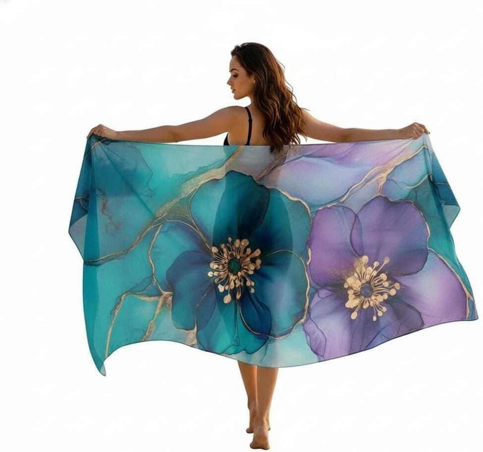 tulsi enterprise Elegant Teal & Purple Flower Print Wrap - Large 70x44 Inch Stole Floral Print, Graphic Print Women Monokini Light Green, Multicolor Swimsuit-picture-18