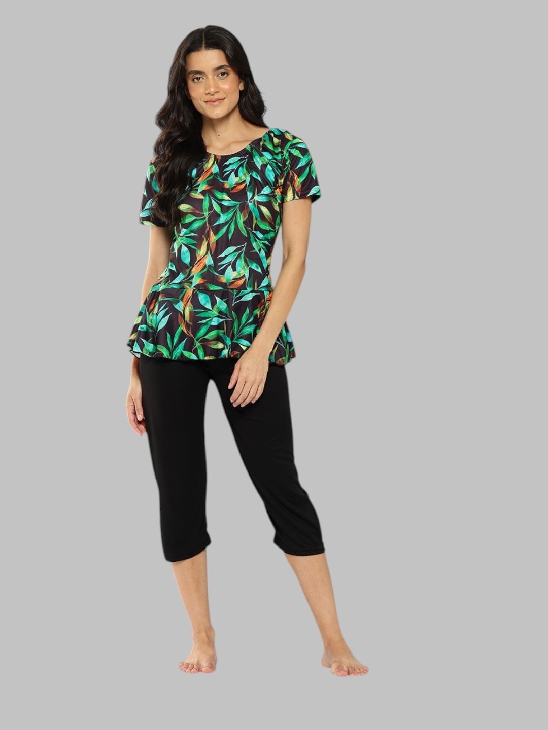 Womens Sports Wear Black-Green Colour Leaf Print Nylon Swim Suit Self Design Women Swim-dress Green Swimsuit-image-44