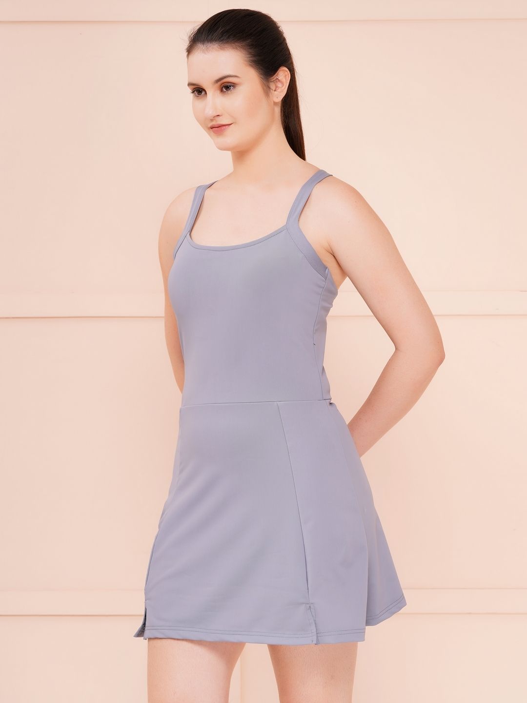 Grey Padded Crossback Swimdress Solid Women Swim-dress Grey Swimsuit-image-3