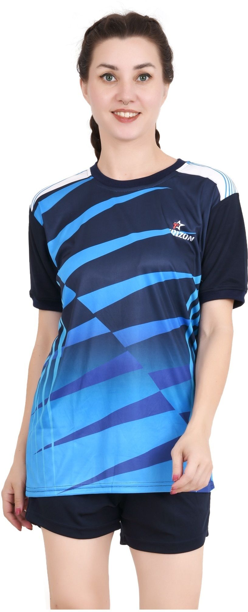 Women Chevron/Zig Zag, Graphic Print, Solid, Sporty, Printed Round Neck Polyester Navy Blue, Light Blue, Blue T-Shirt-image-14