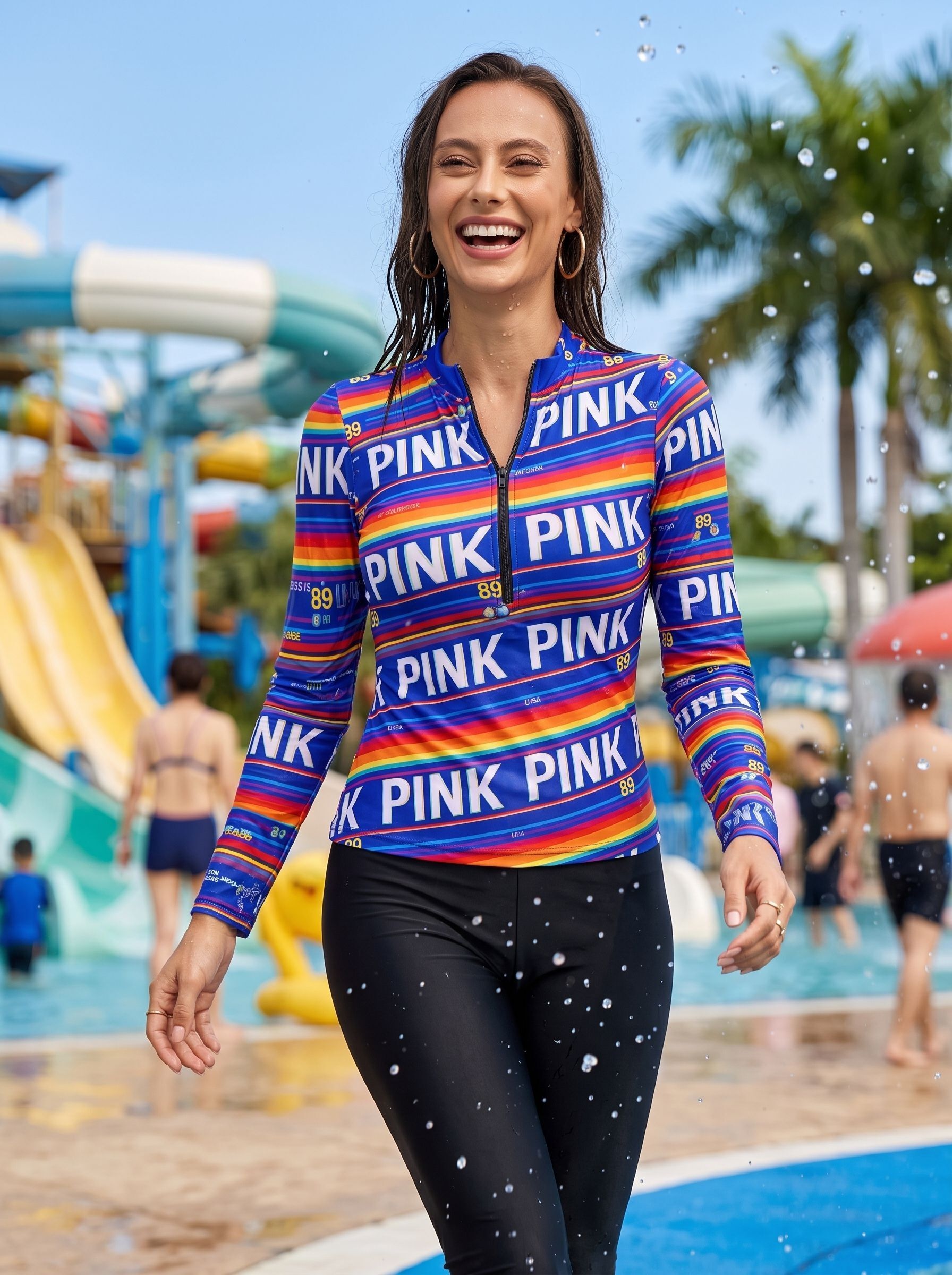 Women Full Sleeve Front Zip Swimming Costume UV Protection Swimwear Printed Women Swim-dress Blue Swimsuit-image-8