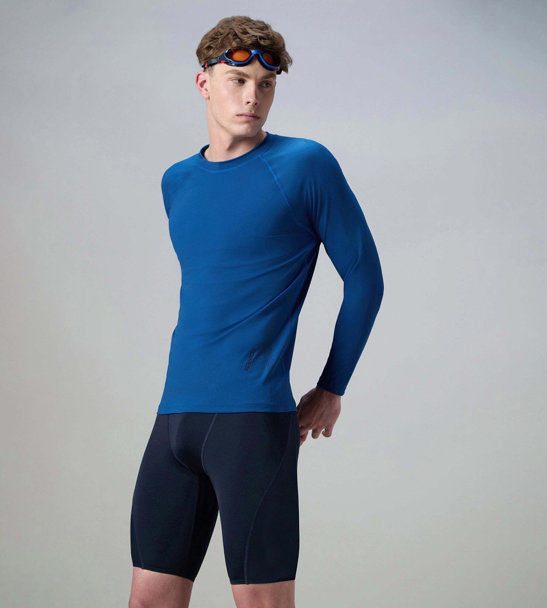 Endurance+ Long Sleeve Performance Suntop Solid Men Blue Swimsuit-image-3