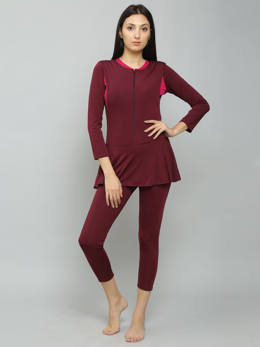 Kamz Women Lycra Knee Length Frock Style Padded One Piece Swimsuits Solid Women Swim-dress Purple Swimsuit-image-14