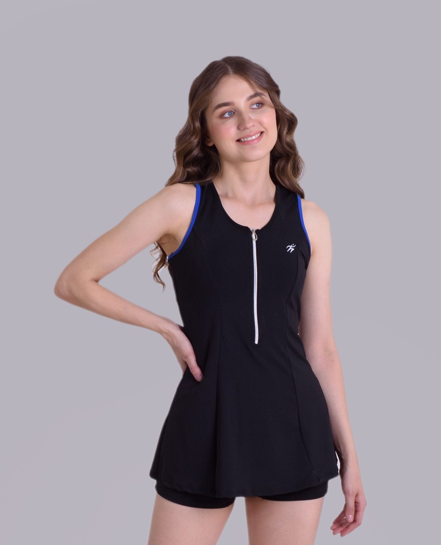 Keepfit Racerback swimsuit with front zipper top and boyshorts Solid Women Swim-dress Black Swimsuit-picture-12