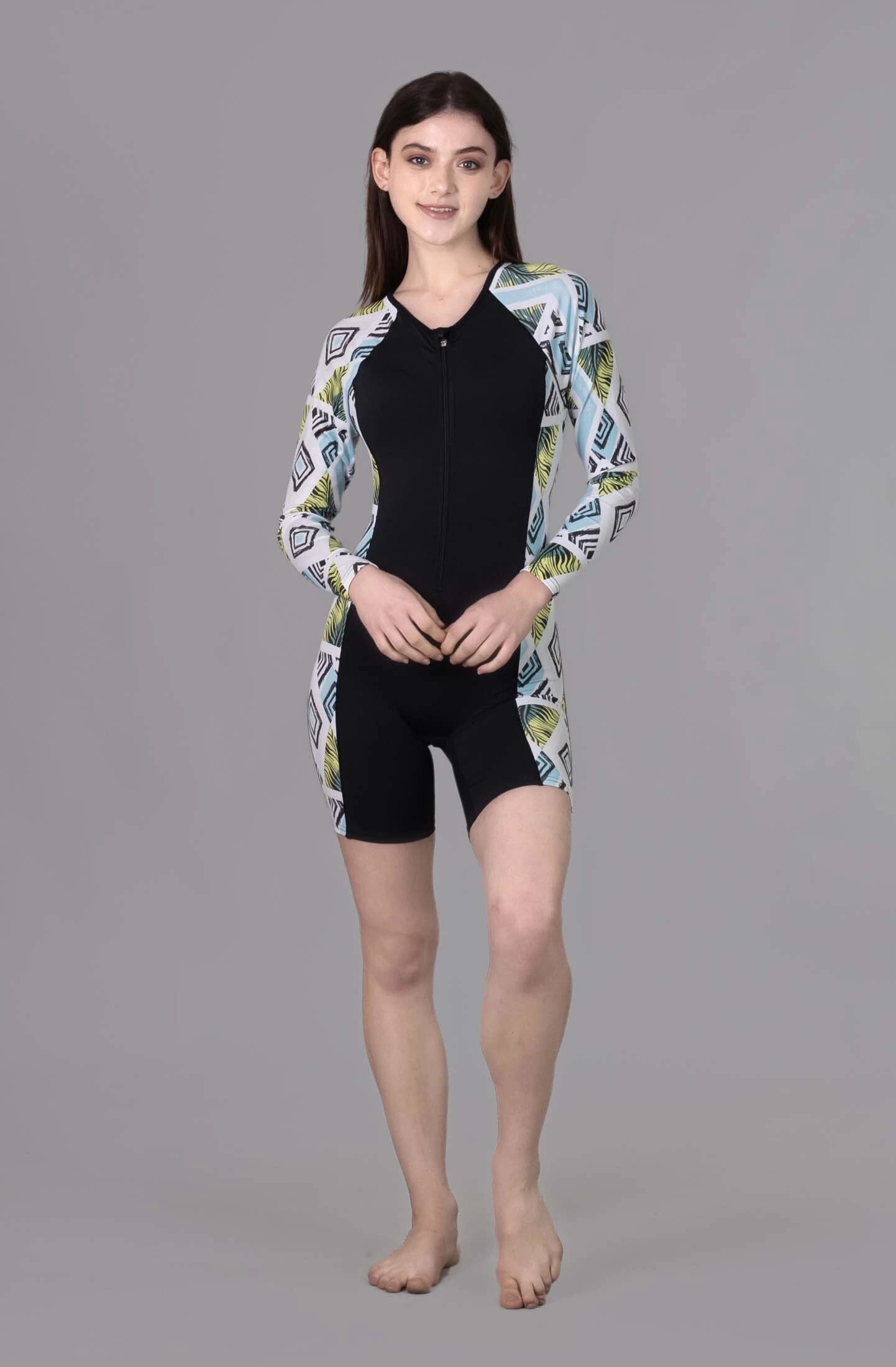 colourblocked full sleeves legsuit with zipper for women Geometric Print Women Swim-dress Black Swimsuit-image-20
