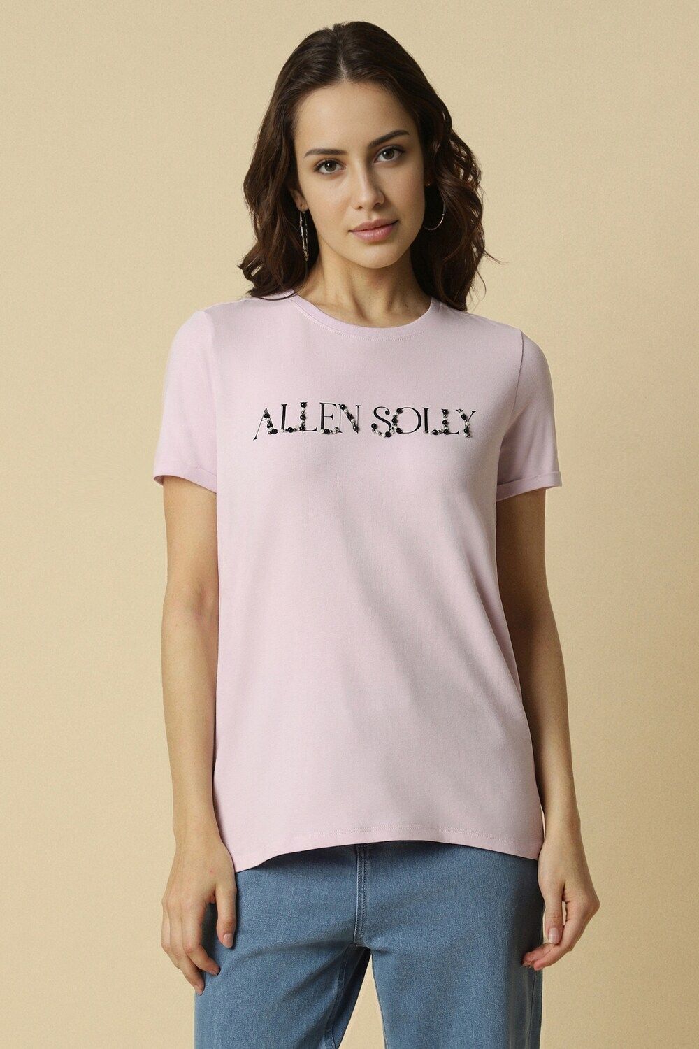 allen solly Women Graphic Print Round Neck Cotton Blend Pink T-Shirt-picture-14