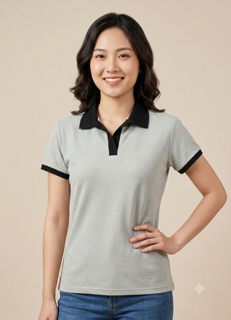 Women Solid Polo Neck Cotton Blend Grey T-Shirt-image-33