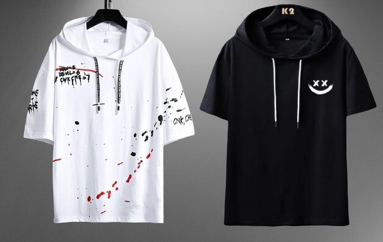 Pack of 2 Men Printed Hooded Neck Polyester Multicolor T-Shirt-image-2